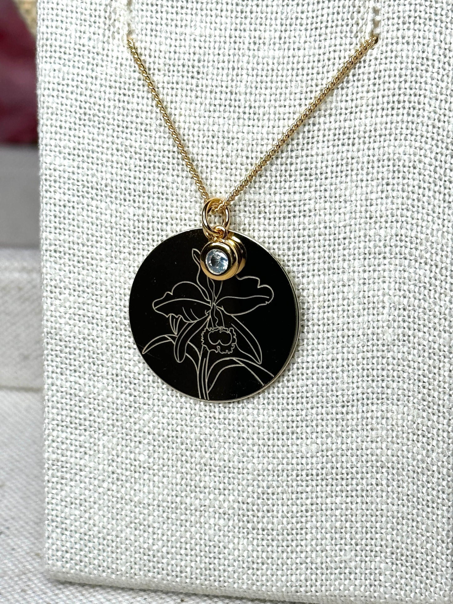 Gold Cattleya Disc Orchid and Birthstone Necklace Set • 14k Gold Plated Orchid Charm • Flower Pendant Necklace • Adjustable S925 Necklace