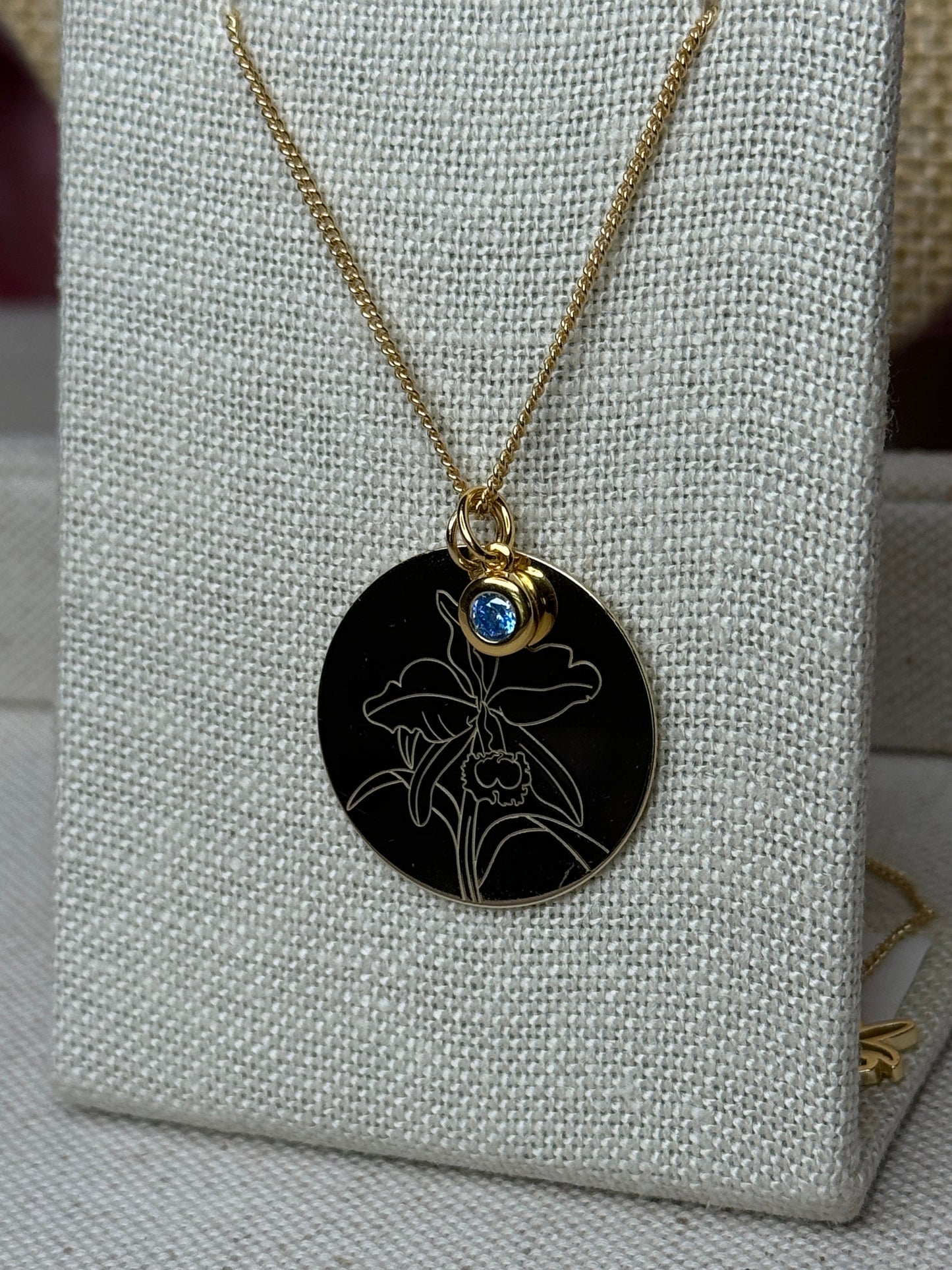 Gold Cattleya Disc Orchid and Birthstone Necklace Set • 14k Gold Plated Orchid Charm • Flower Necklace • Adjustable Sterling Silver Necklace