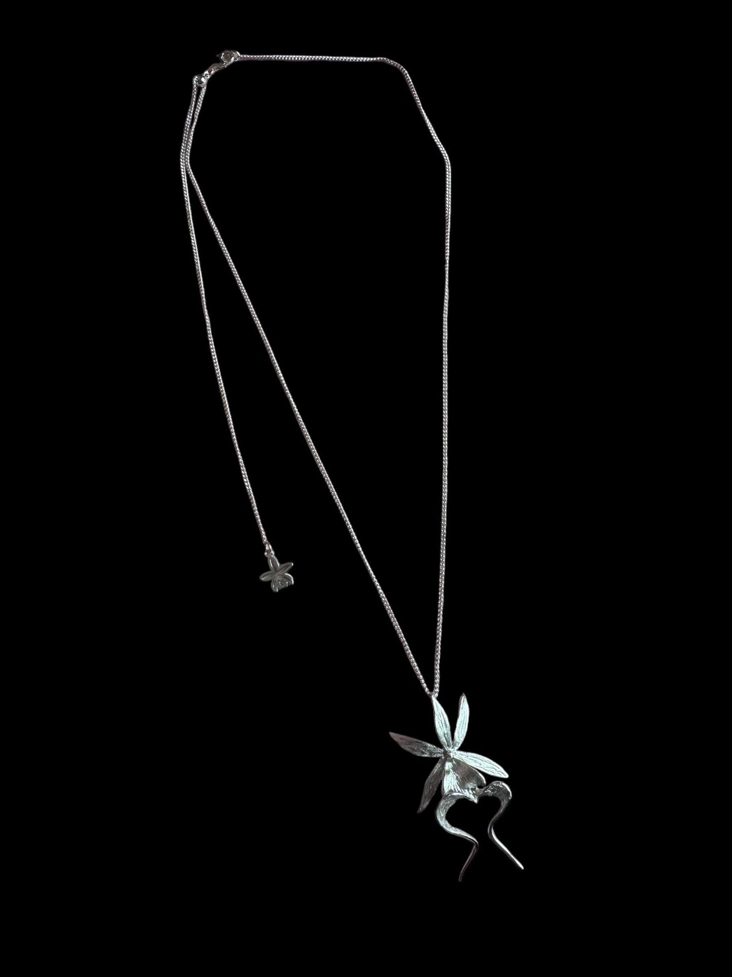 Ghost Orchid Silver Pendant Necklace • Orchid Adjustable Chain Set • White Gold Jewelry Set