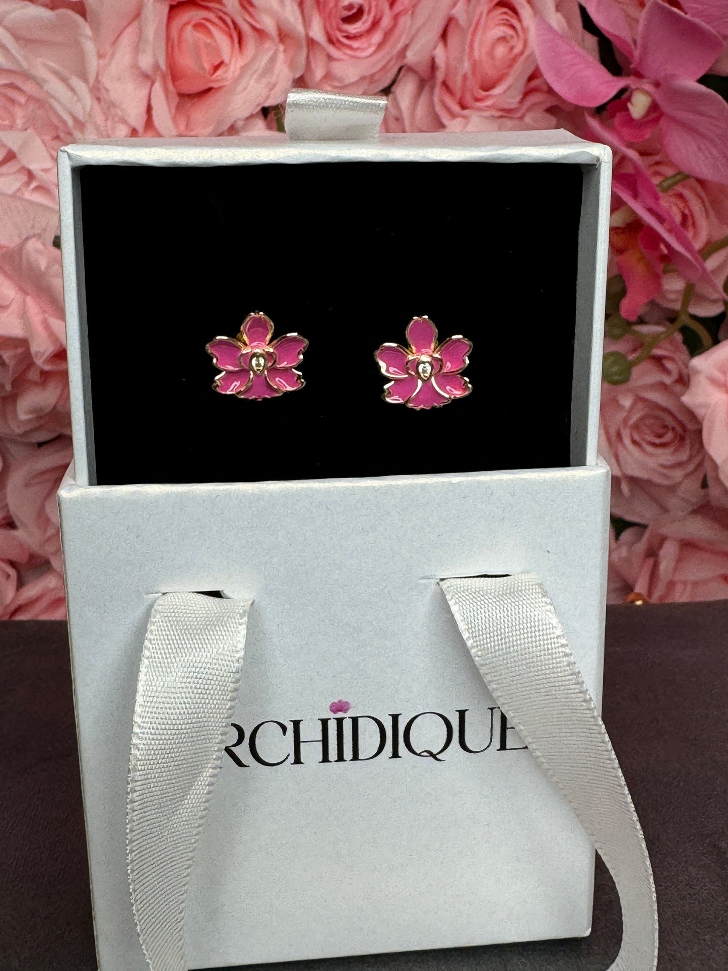 Vanda Pink Joaquim Orchid- Inspired Earrings β’ White Orchid Enamel with Cubic Zircon β’ Gold Stud Earrings β’ Orchid Earrings