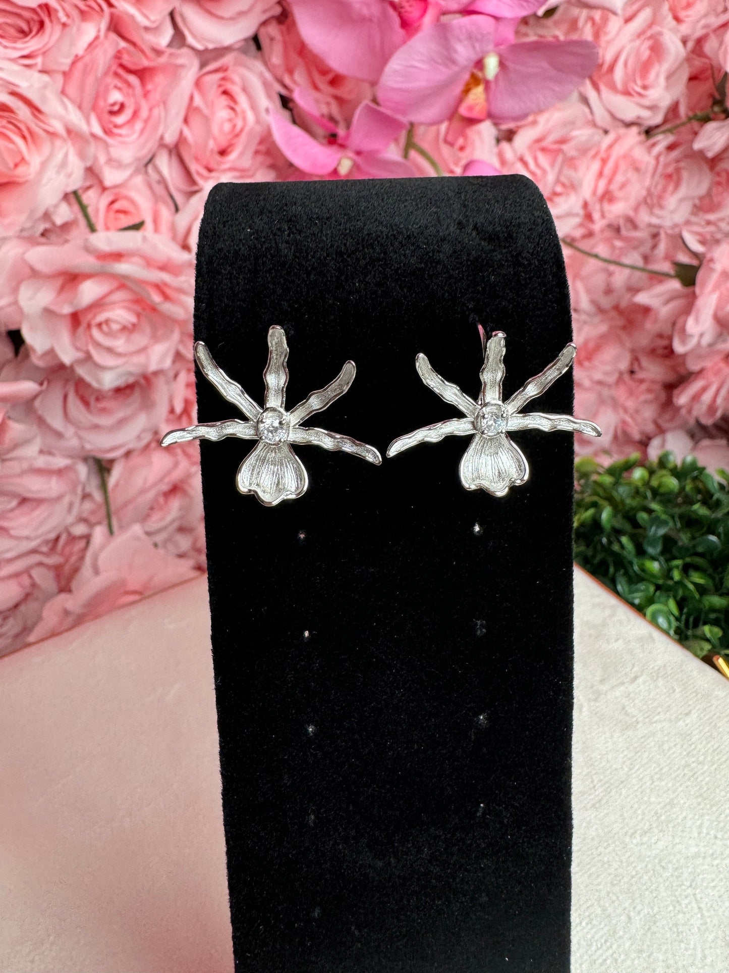 Schomburgkia Silver Orchid Dangle Earrings β’ Sterling Silver Orchid Earrings with Arching Hoop β’ Unique Floral Jewelry
