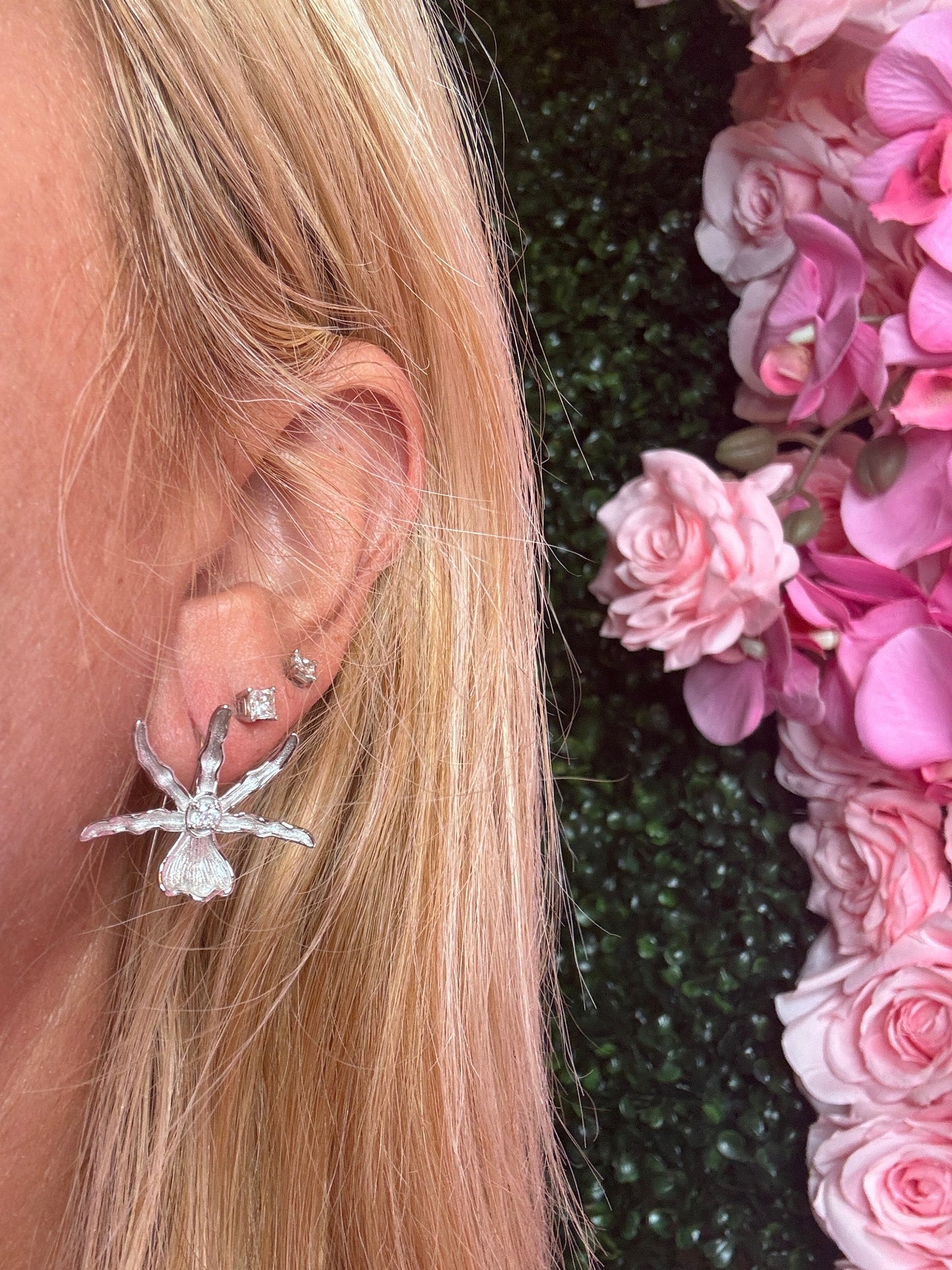 Schomburgkia Silver Orchid Dangle Earrings β’ Sterling Silver Orchid Earrings with Arching Hoop β’ Unique Floral Jewelry