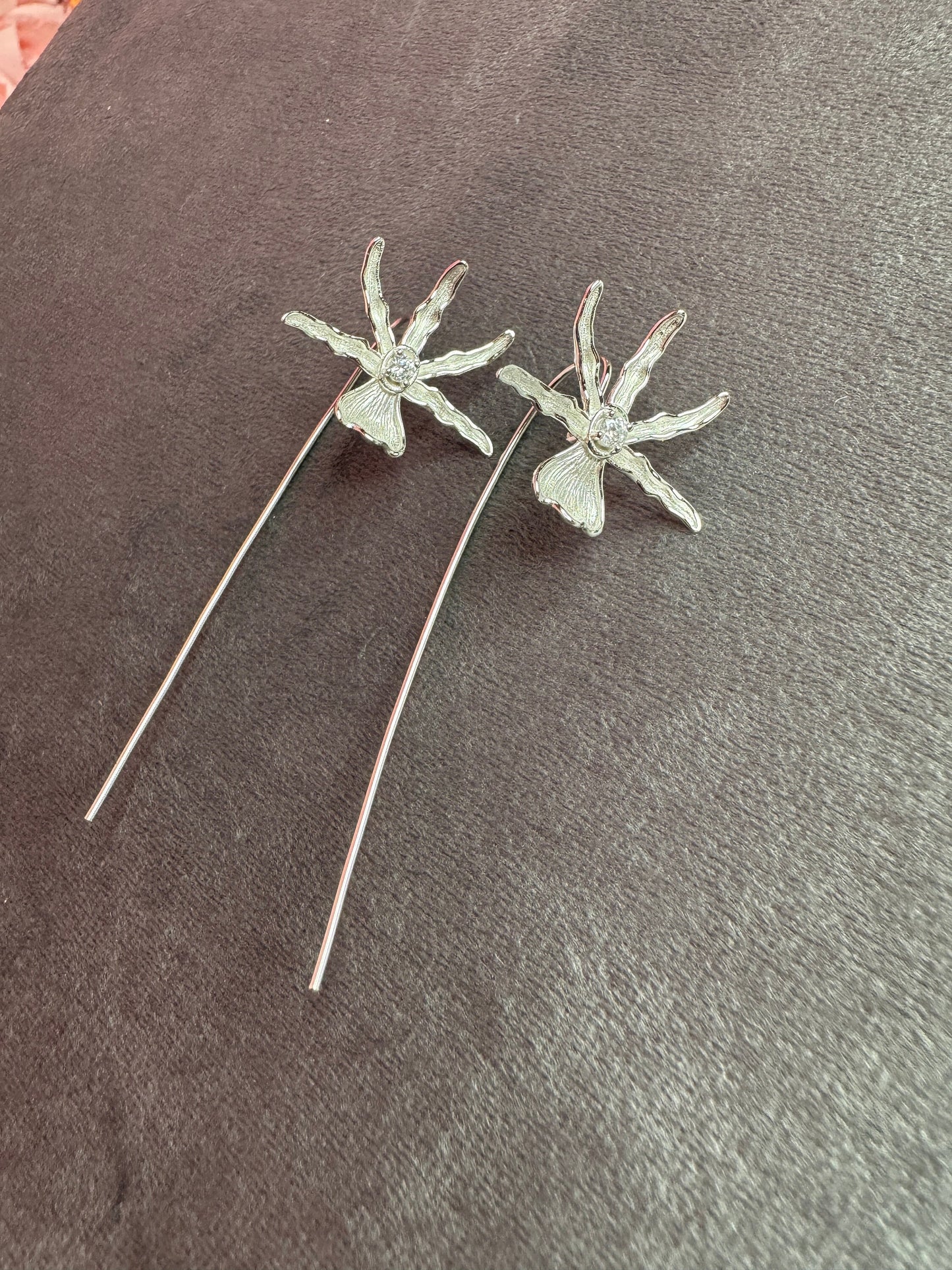 Schomburgkia Silver Orchid Dangle Earrings β’ Sterling Silver Orchid Earrings with Arching Hoop β’ Unique Floral Jewelry