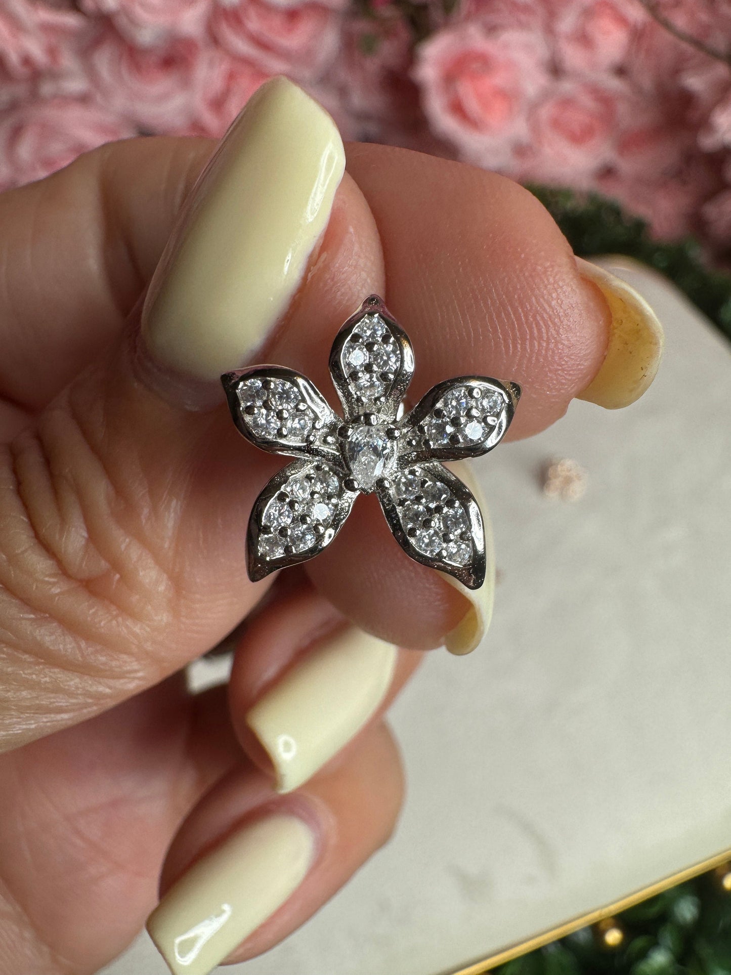 Sparkles Cattleya Zircon Stud Earrings – White Gold, 18k Rose Gold, or 14k Gold • Sparkle Sterling Silver Flower Studs • Orchid Jewelry