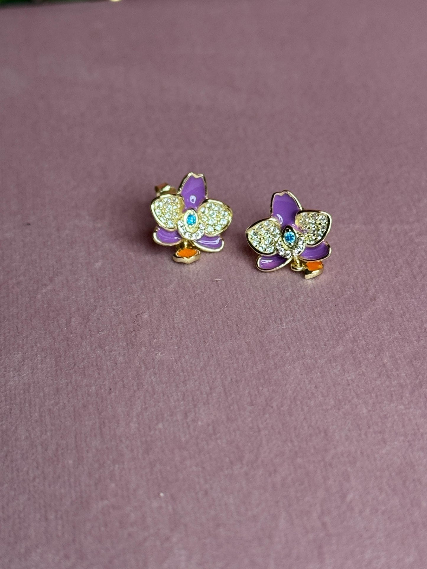 Purple Zircon Gold Orchid Stud Earrings –Inspired by my “Cutie” flower :Novelty Phalaenopsis Orchid Flower Earrings • 14K Gold Plated Studs