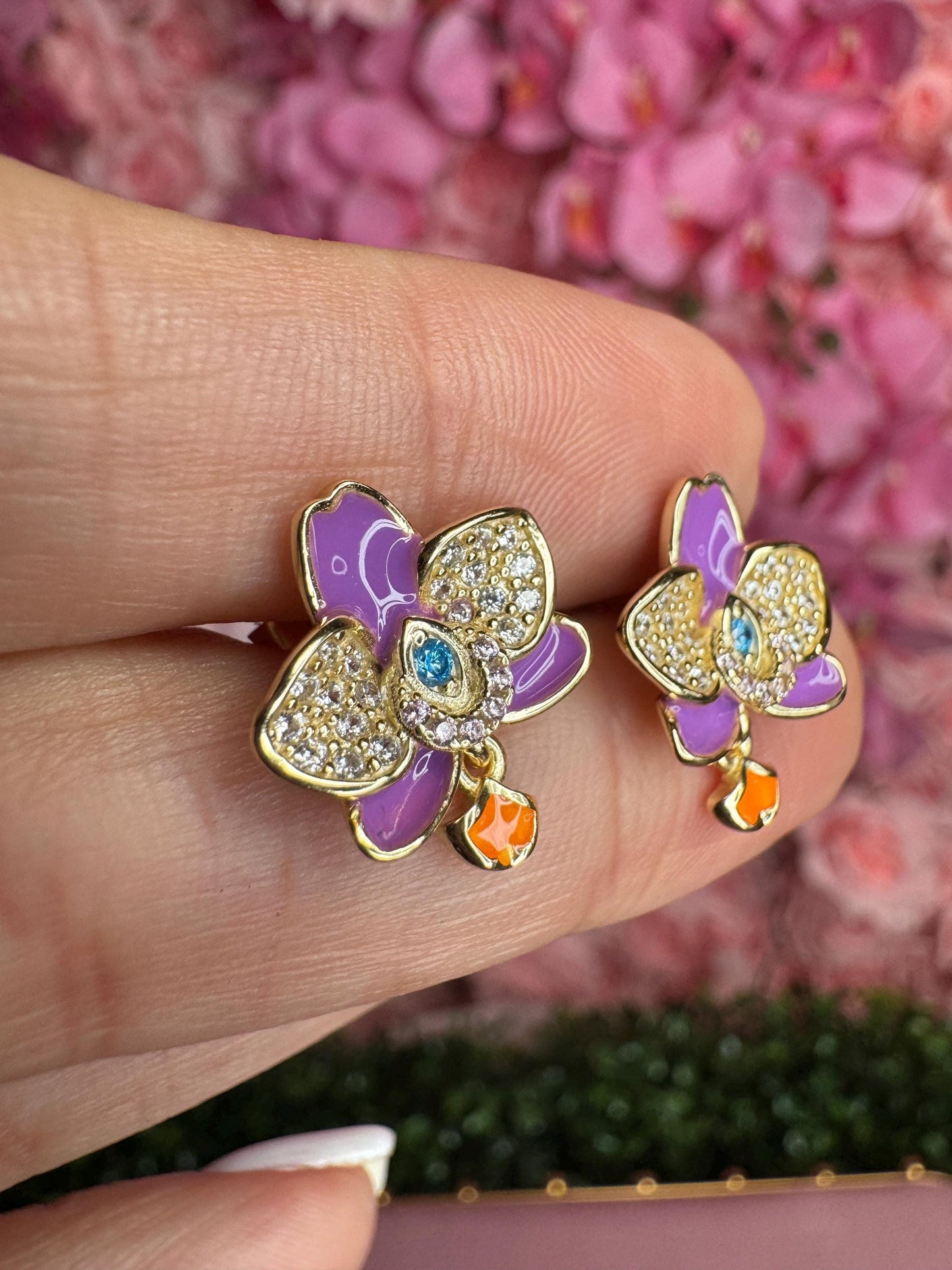 Purple Zircon Gold Orchid Stud Earrings –Inspired by my “Cutie” flower :Novelty Phalaenopsis Orchid Flower Earrings • 14K Gold Plated Studs