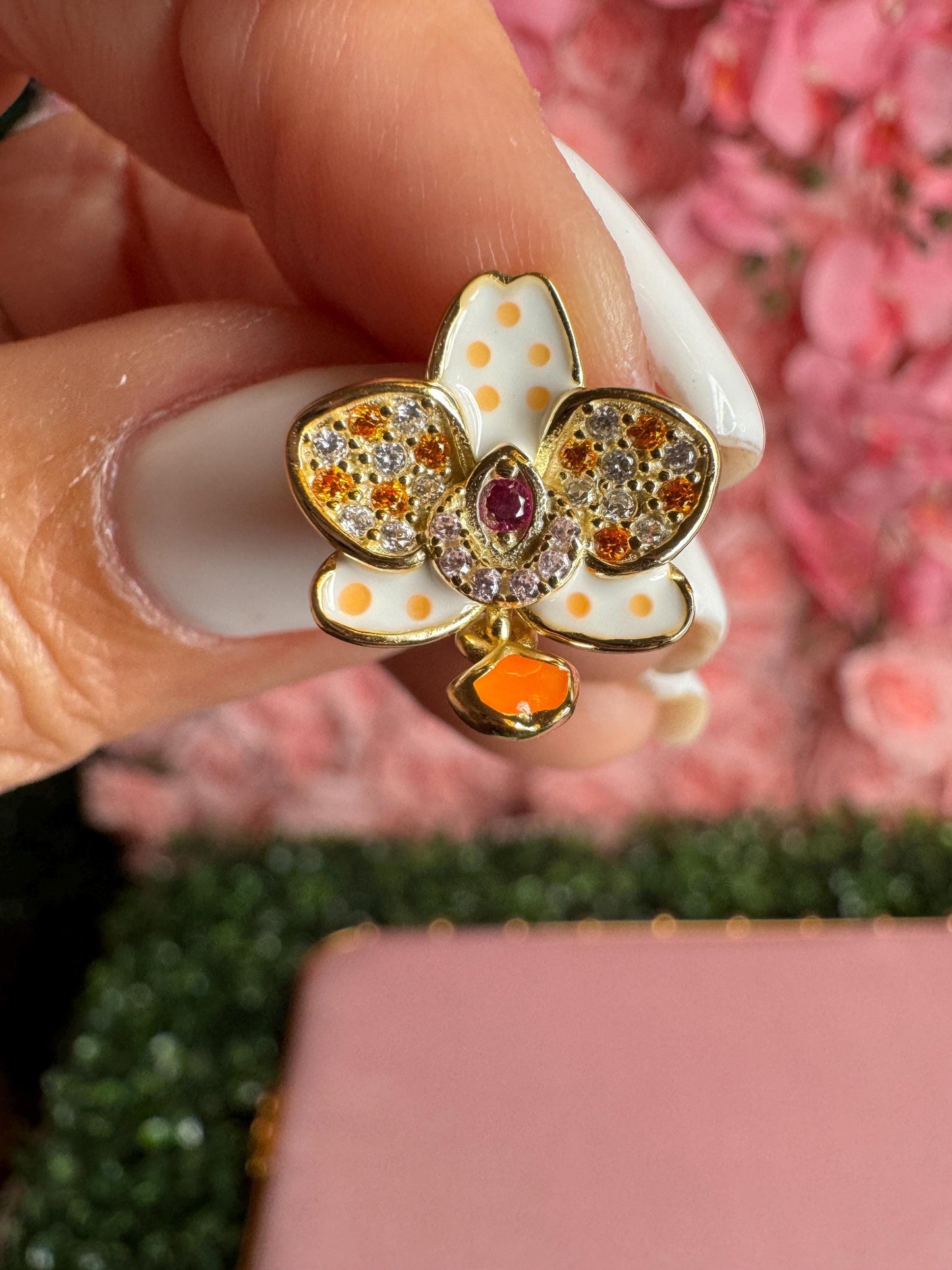 Mini M Gold Orchid Stud Earrings –Inspired by my “Mini Mark” bloom • Novelty Phalaenopsis Orchid Flower Earrings • Gold Flowers Zircon Studs