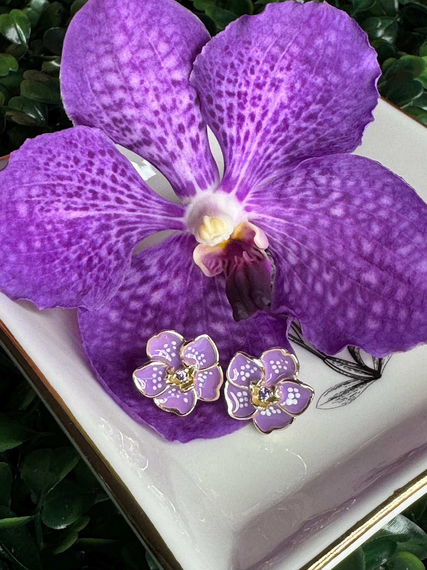 Purple Spotted Thai Vanda: Sterling Silver Vanda Orchid Flower Earrings • Gold Orchid Flower Vanda Cubic Zirconia Studs • Orchid Earrings