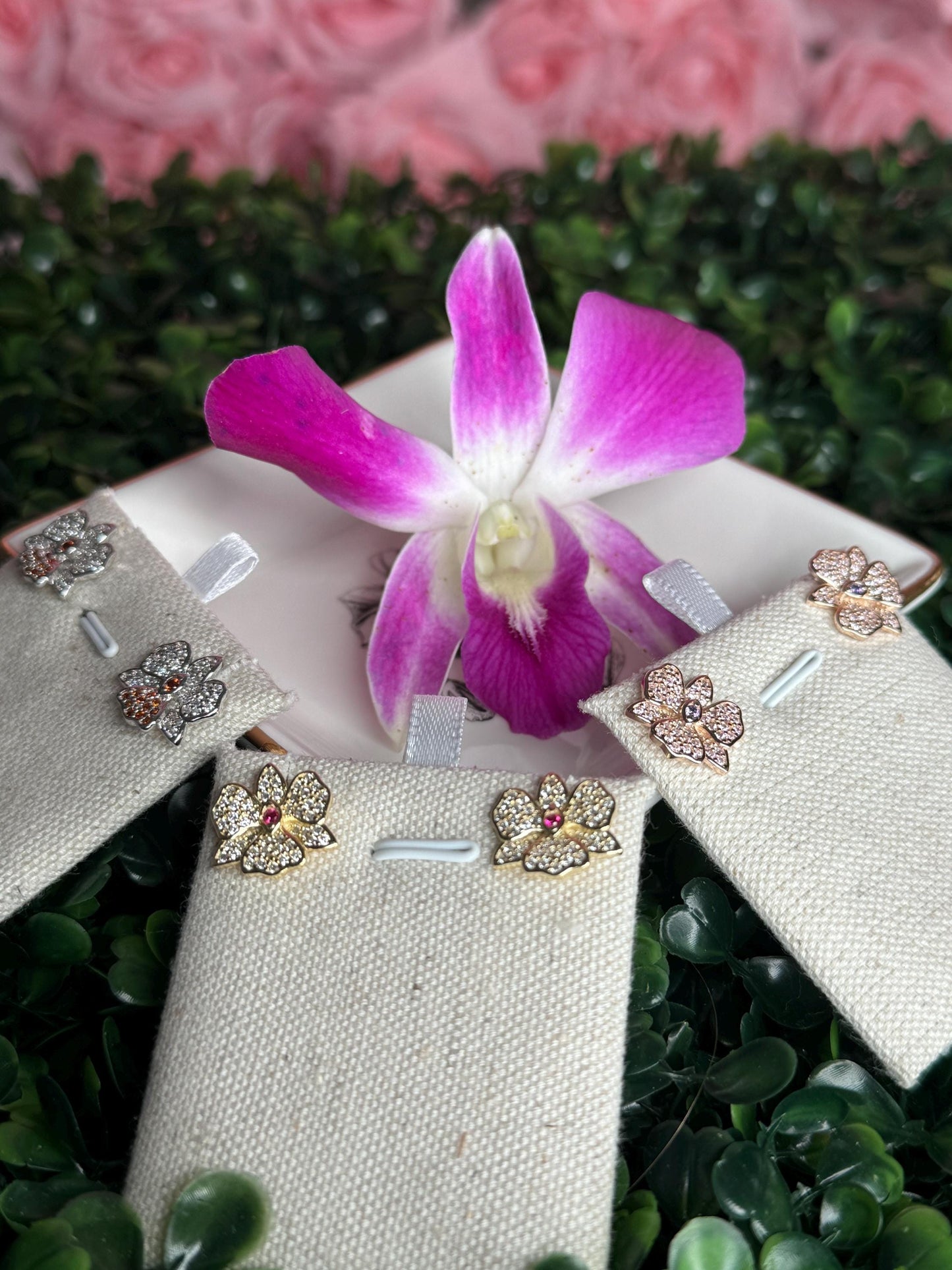 Rose Gold Dendrobium Orchid Earrings • Zircon Sparkle Jewelry • Rose Gold Flower Stud Earrings • Unique Flower Jewelry Gift - Orchidique