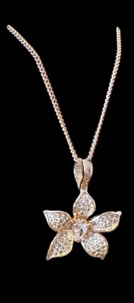 Rose Gold Sparkles Cattleya Pendant Necklace – 18k Rose Gold Pendant Necklace • Sterling Silver Orchid Flower Necklace • Orchid Jewelry Set - Orchidique
