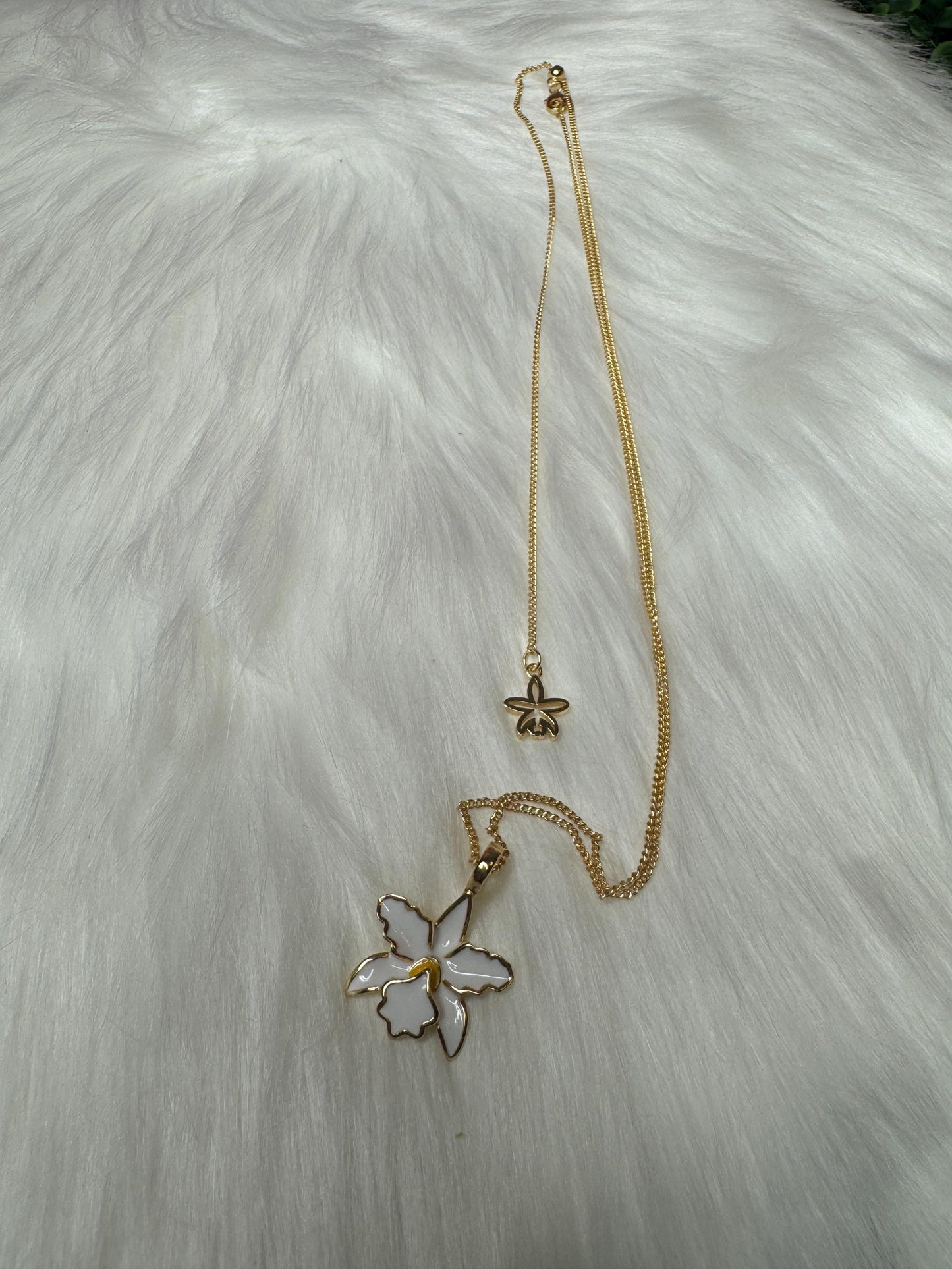White and Yellow Queens : Cattleya Enamel Orchid Jewelry Set • Gold Orchid Earrings with Necklace and Pendant Set • Unique Orchid Jewelry