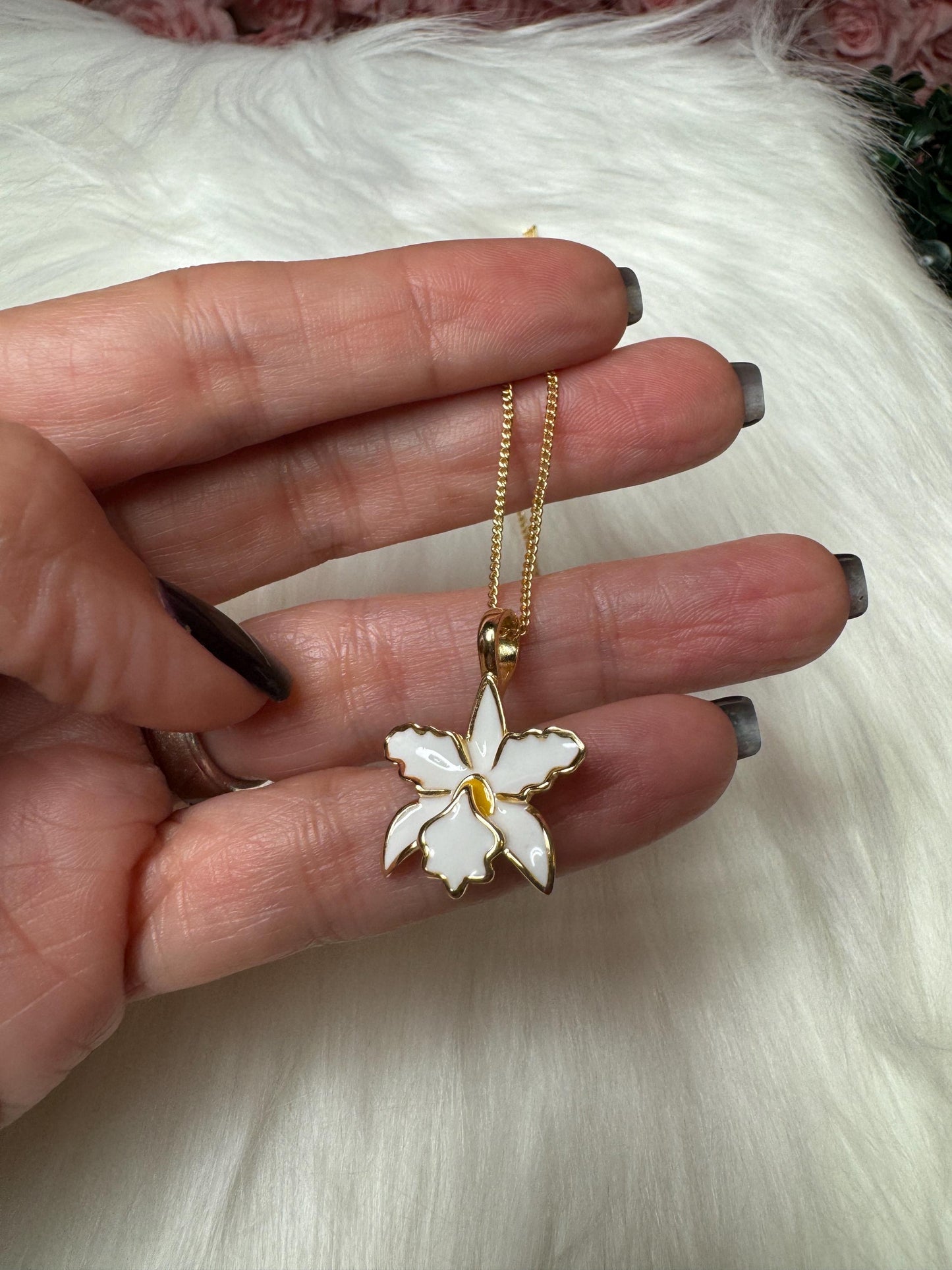 White and Yellow Queens : Cattleya Enamel Orchid Jewelry Set • Gold Orchid Earrings with Necklace and Pendant Set • Unique Orchid Jewelry
