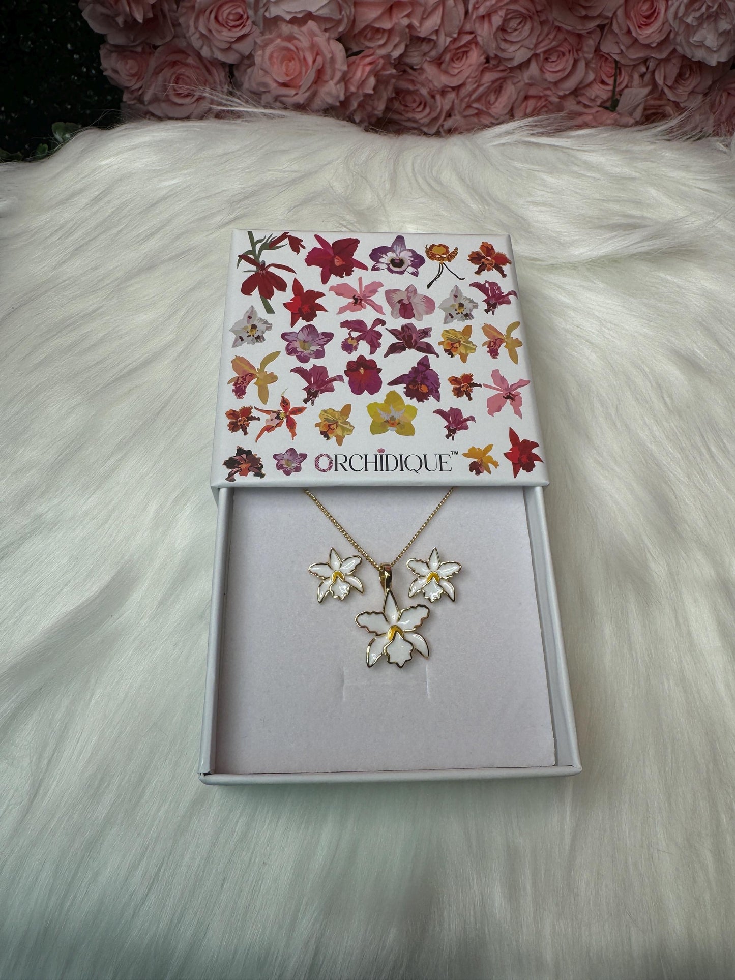White and Yellow Queens : Cattleya Enamel Orchid Jewelry Set • Gold Orchid Earrings with Necklace and Pendant Set • Unique Orchid Jewelry