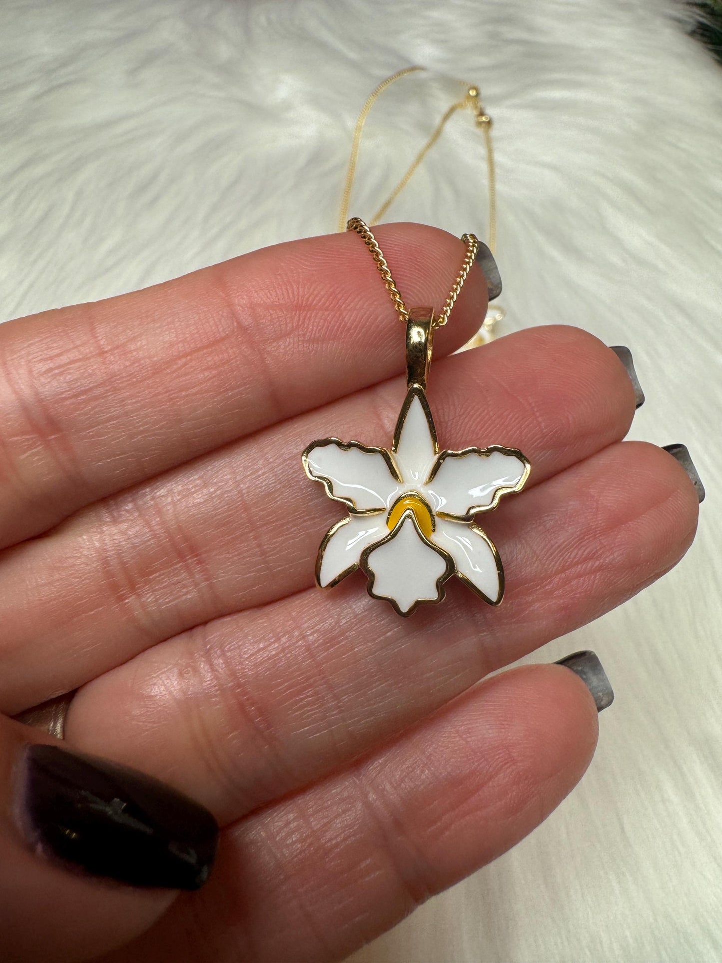 White and Yellow Queens : Cattleya Enamel Orchid Jewelry Set • Gold Orchid Earrings with Necklace and Pendant Set • Unique Orchid Jewelry