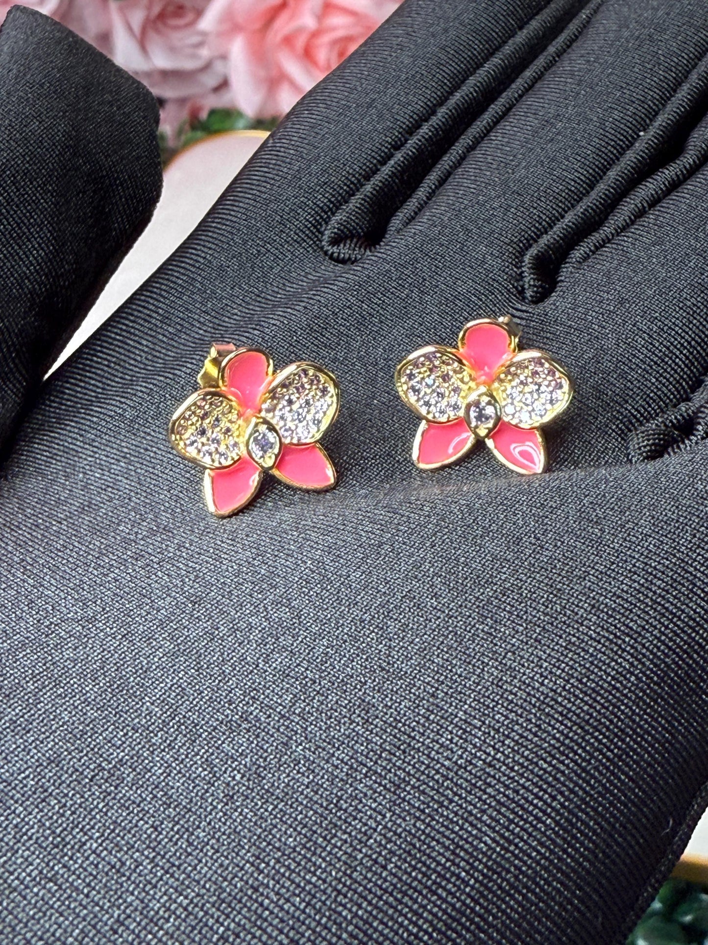 Black Phalaenopsis Orchid Flower Jewelry Set β’ Gold Flowers Studs β’ Orchid Flower Pendant Necklace β’ Orchid Ring β’ Whispers Glow Collection