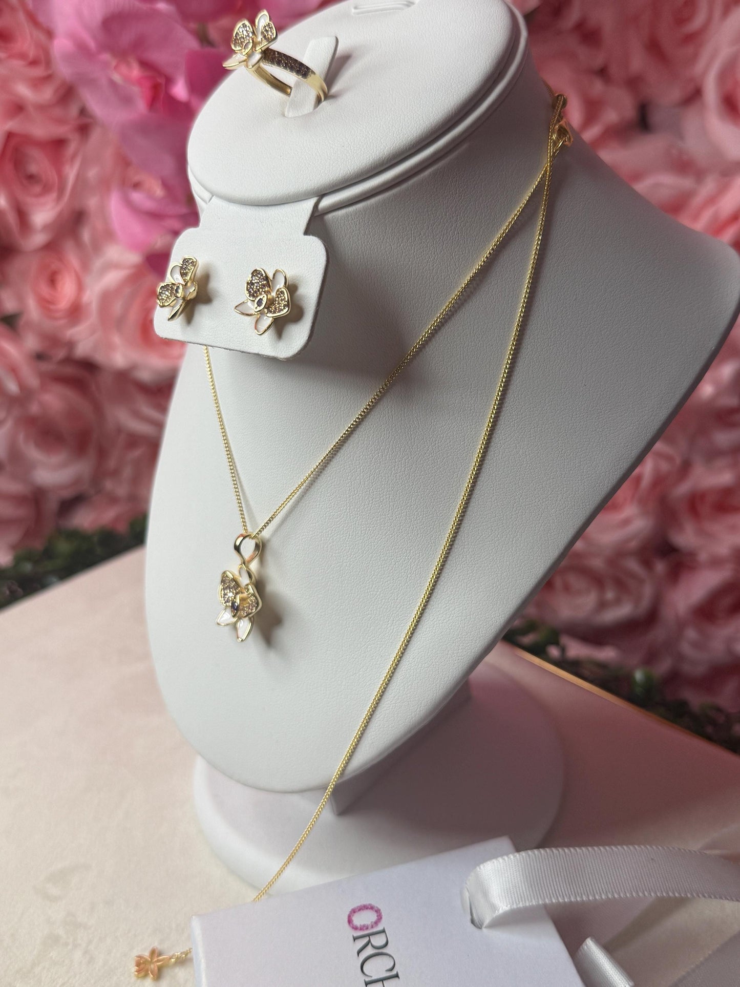 White Phalaenopsis Orchid Flower Jewelry Set • Gold Flowers Studs • Orchid Flower Pendant Necklace • Orchid Ring • Whispers Glow Collection
