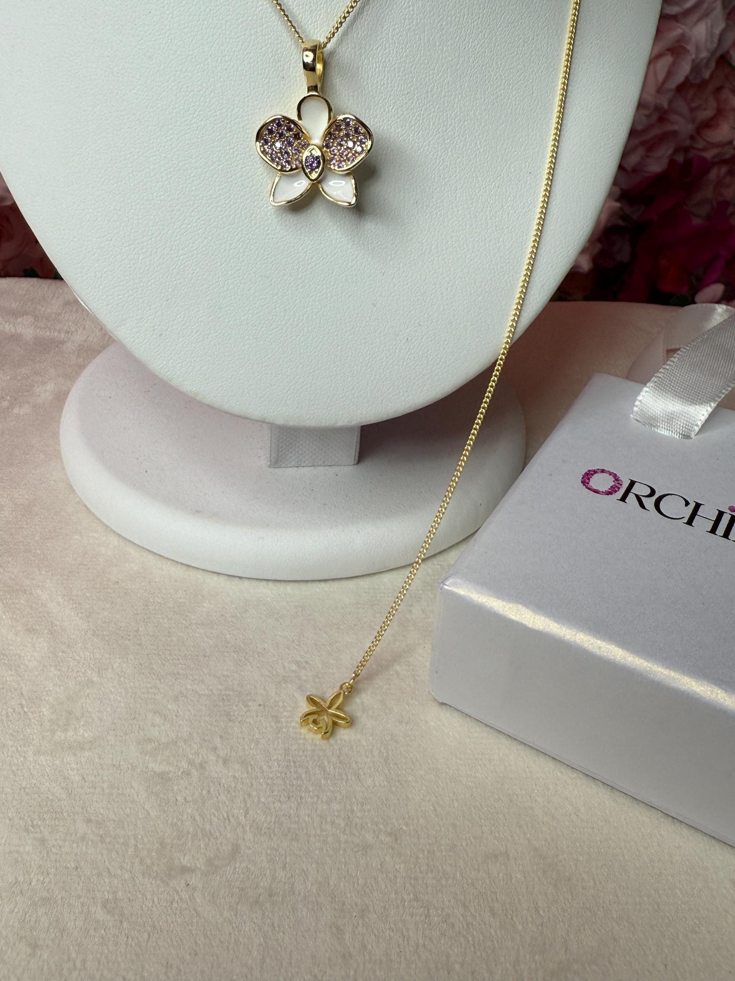 White Phalaenopsis Orchid Flower Jewelry Set • Gold Flowers Studs • Orchid Flower Pendant Necklace • Orchid Ring • Whispers Glow Collection