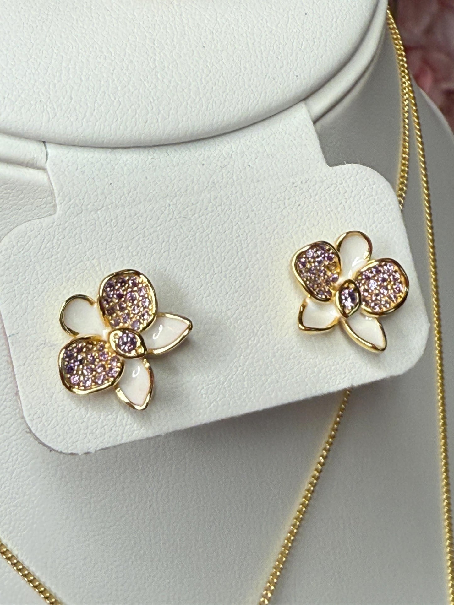 White Phalaenopsis Orchid Flower Jewelry Set • Gold Flowers Studs • Orchid Flower Pendant Necklace • Orchid Ring • Whispers Glow Collection