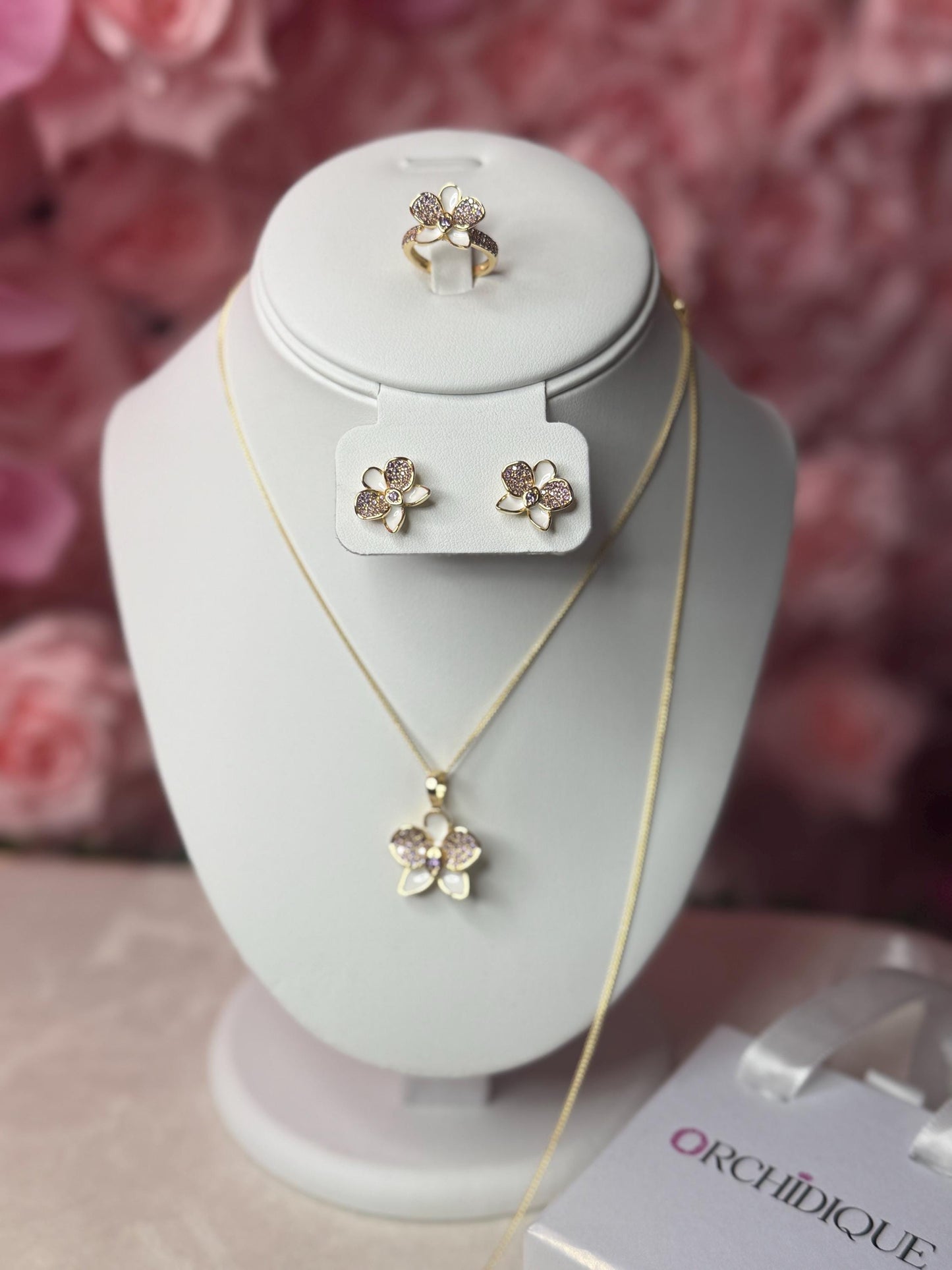 White Phalaenopsis Orchid Flower Jewelry Set • Gold Flowers Studs • Orchid Flower Pendant Necklace • Orchid Ring • Whispers Glow Collection