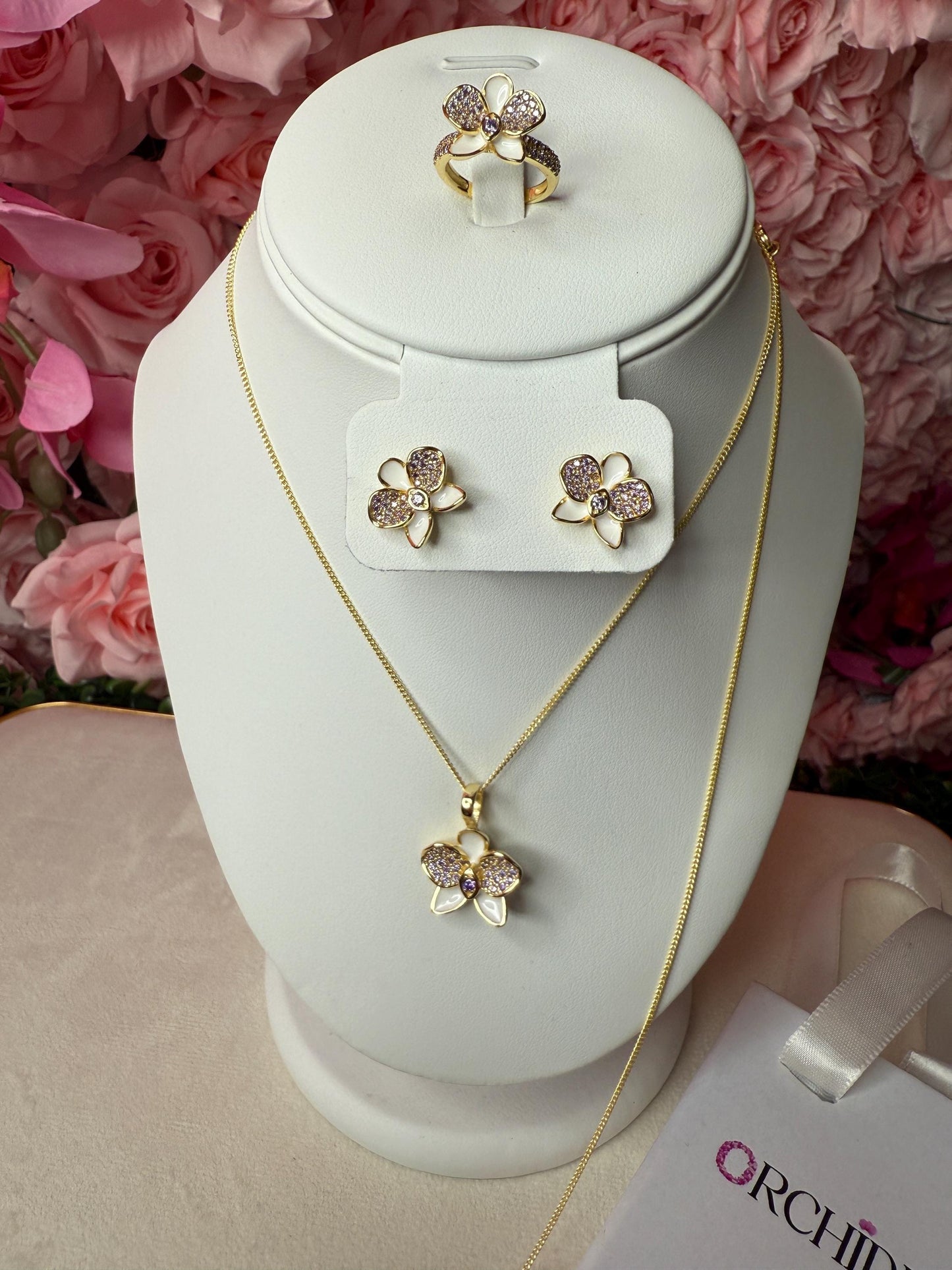 White Phalaenopsis Orchid Flower Jewelry Set • Gold Flowers Studs • Orchid Flower Pendant Necklace • Orchid Ring • Whispers Glow Collection