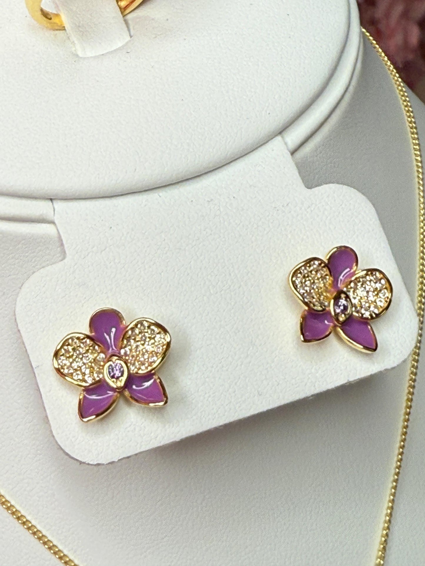 Purple Phalaenopsis Orchid Flower Jewelry Set β’ Gold Flowers Studs β’ Orchid Flower Pendant Necklace β’ Orchid Ring β’ Whispers Glow Collection