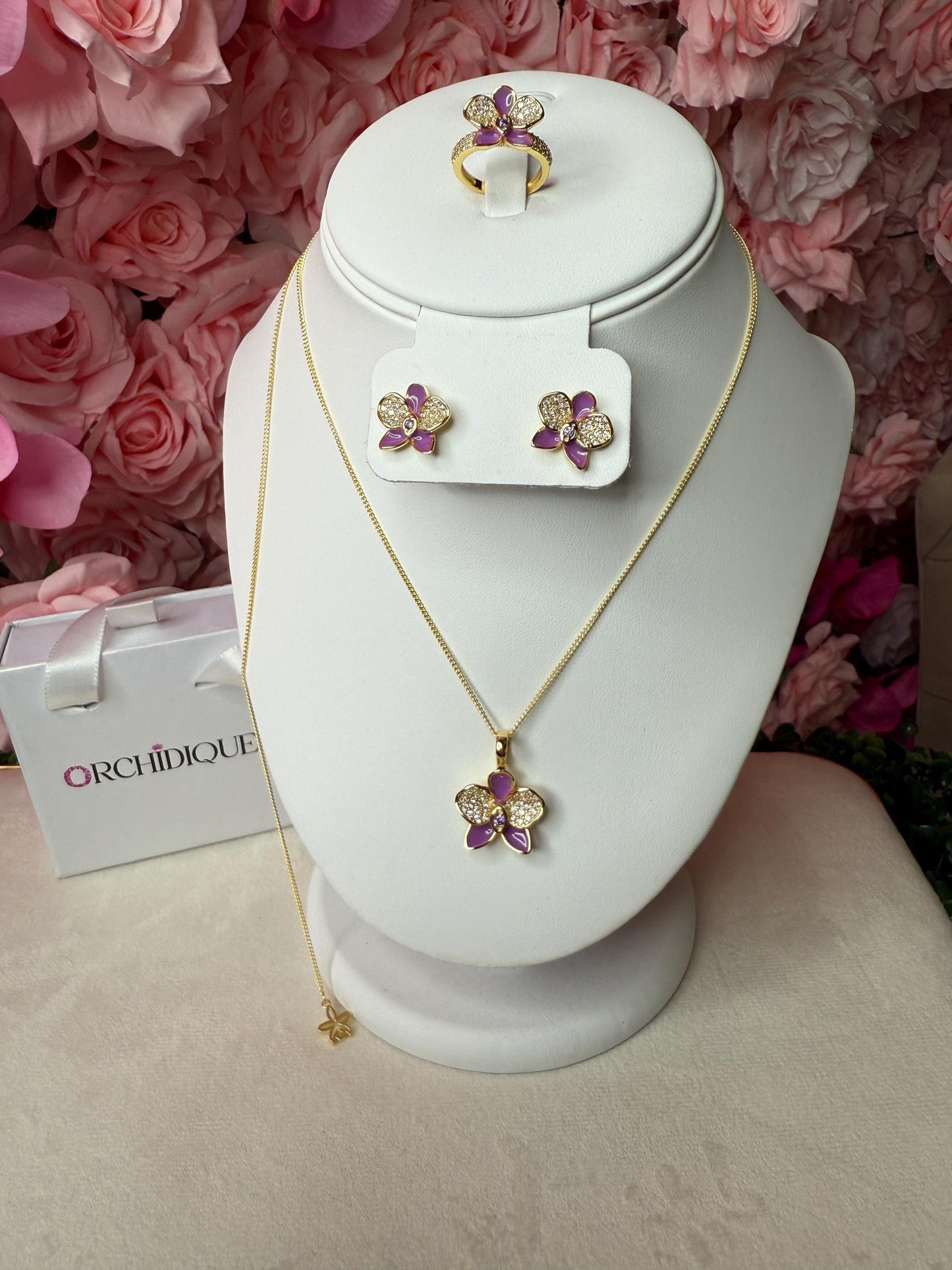 Purple Phalaenopsis Orchid Flower Jewelry Set β’ Gold Flowers Studs β’ Orchid Flower Pendant Necklace β’ Orchid Ring β’ Whispers Glow Collection