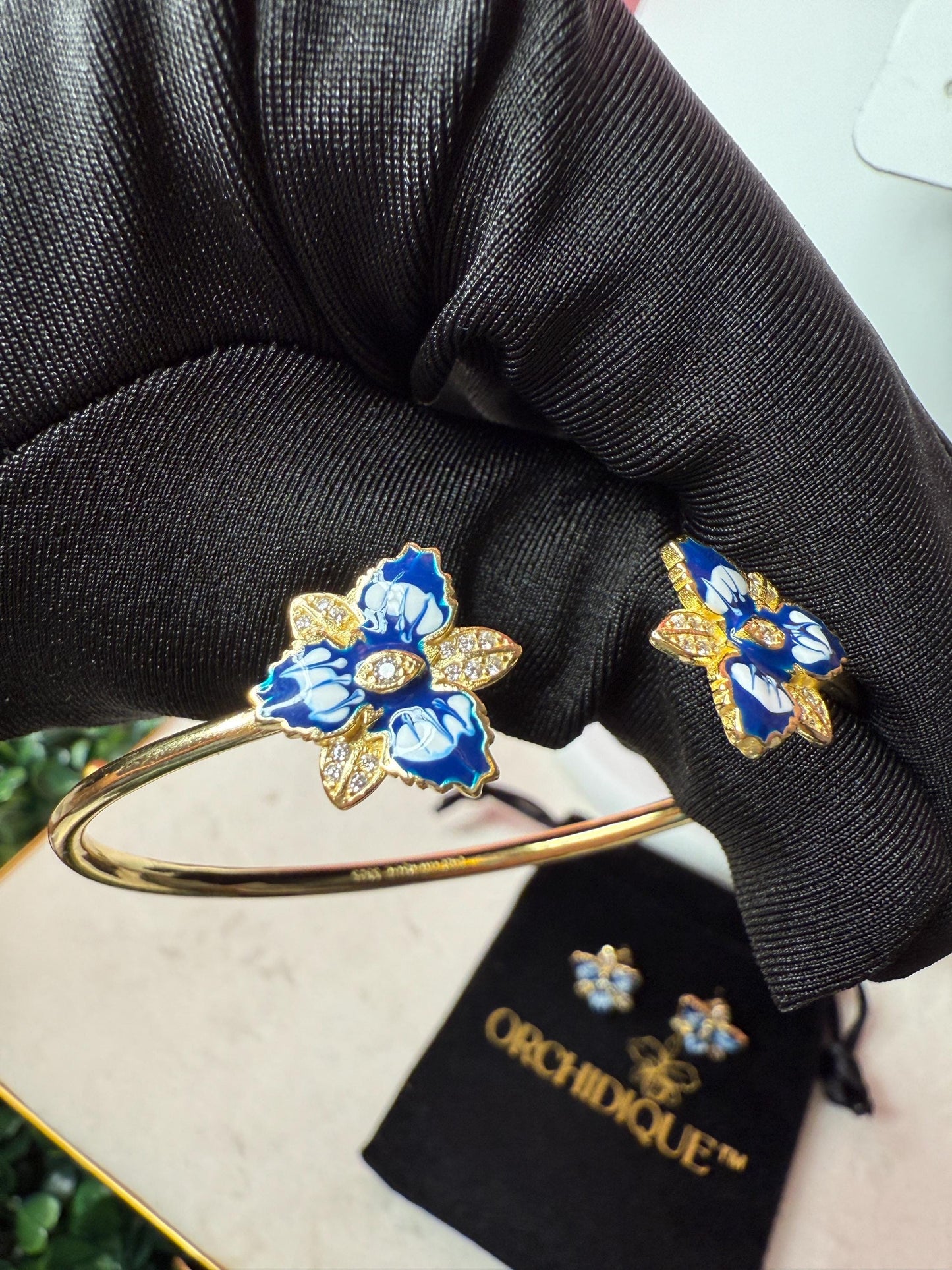 Cattleya Orchid Flower Bangle Bracelet and Earrings Set in Santorini Blue • Sterling Silver Cuff Bracelet • Bangle • Flower Studs