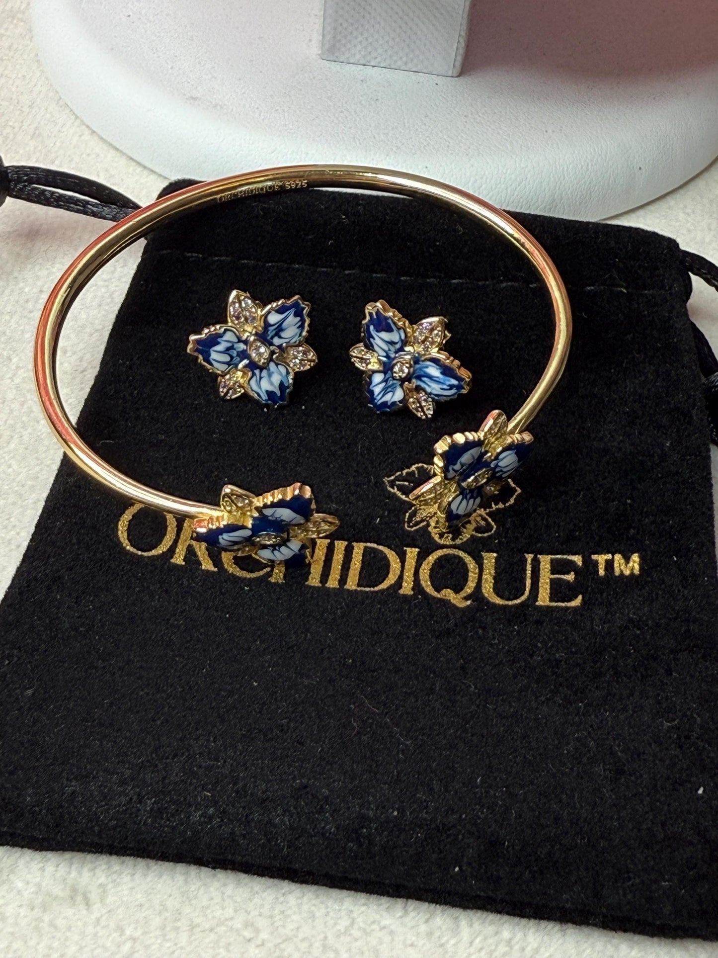 Cattleya Orchid Flower Bangle Bracelet and Earrings Set in Santorini Blue • Sterling Silver Cuff Bracelet • Bangle • Flower Studs