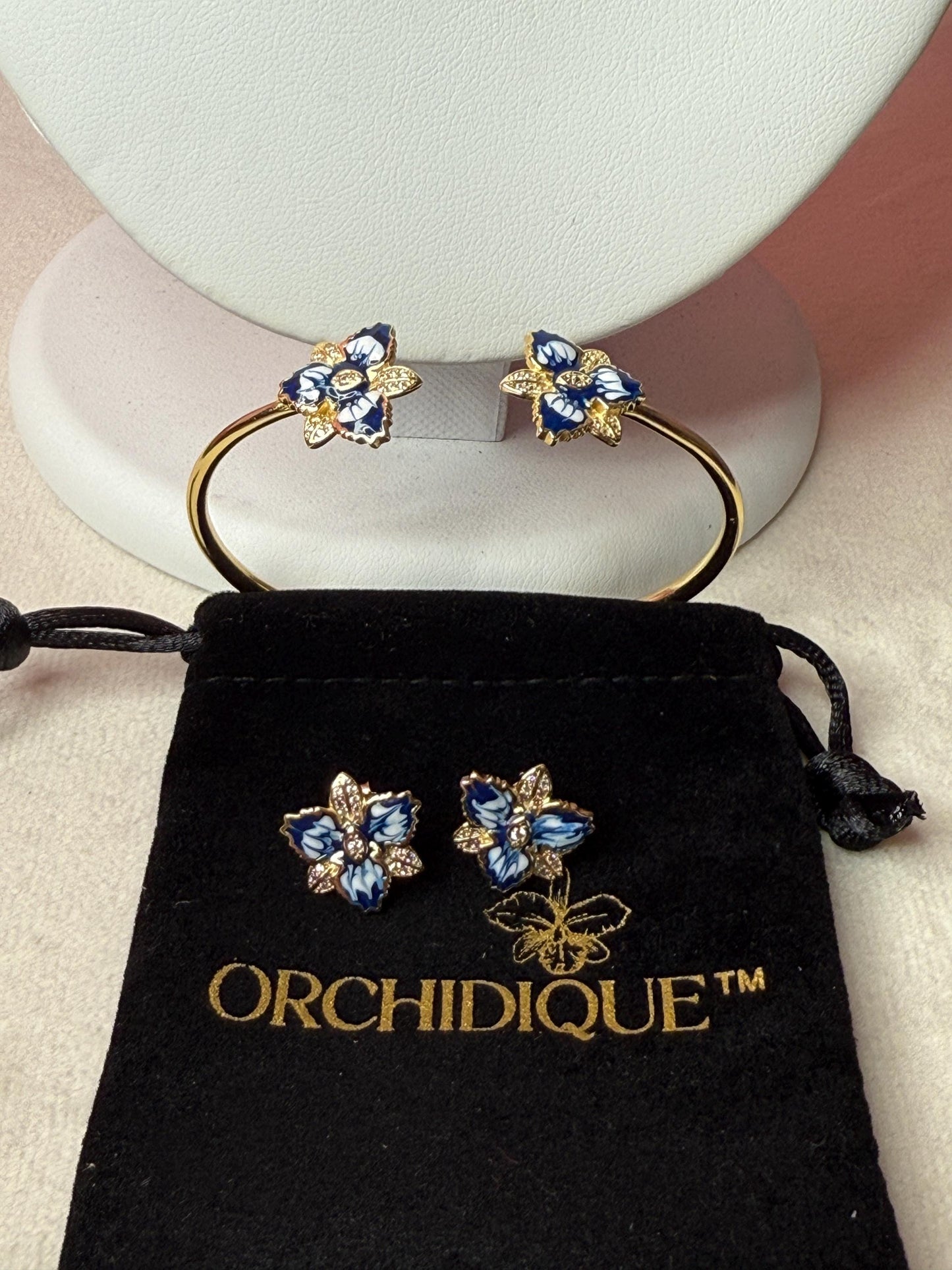 Cattleya Orchid Flower Bangle Bracelet and Earrings Set in Santorini Blue • Sterling Silver Cuff Bracelet • Bangle • Flower Studs