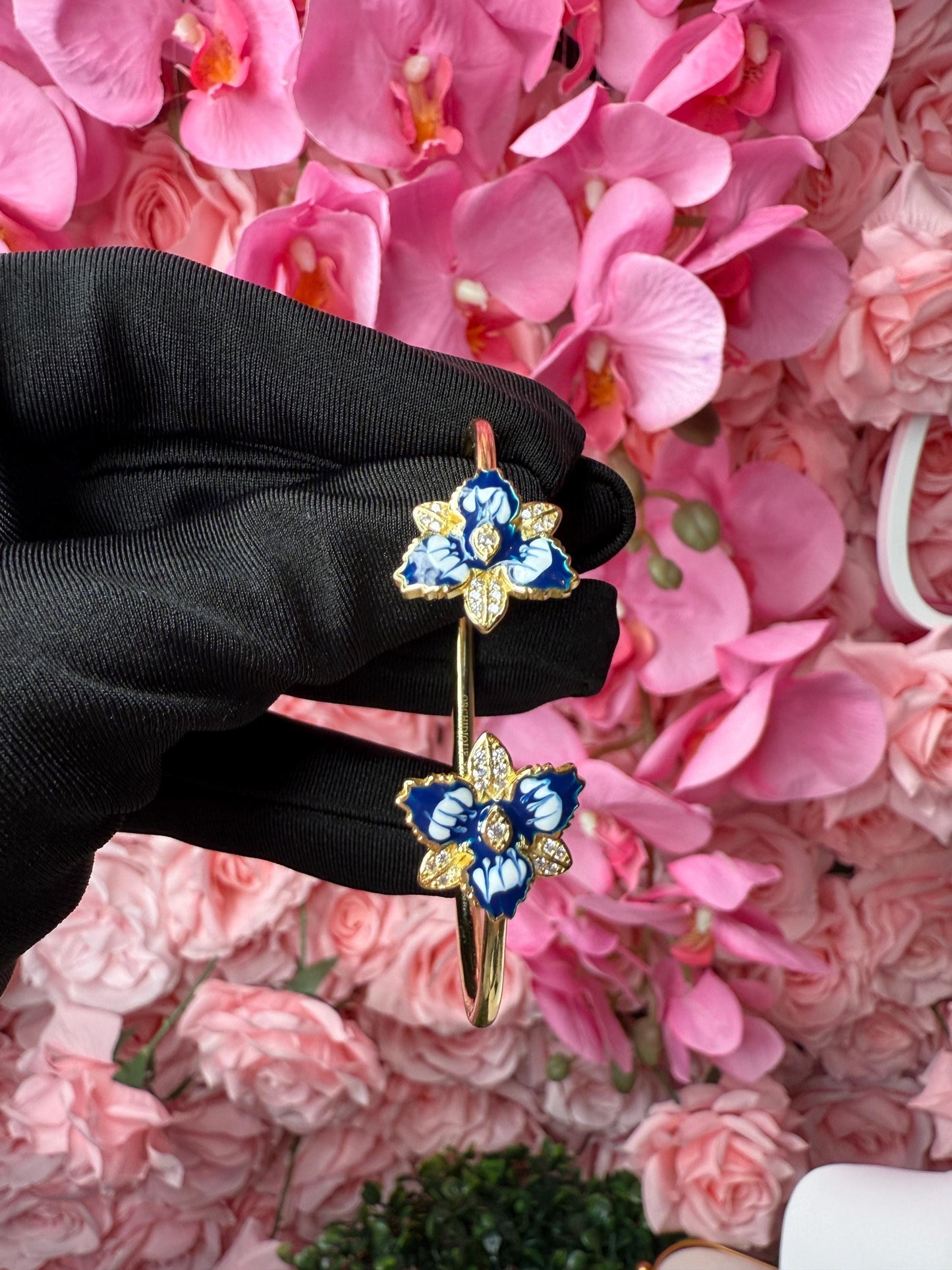 Cattleya Orchid Flower Bangle Bracelet and Earrings Set in Santorini Blue • Sterling Silver Cuff Bracelet • Bangle • Flower Studs