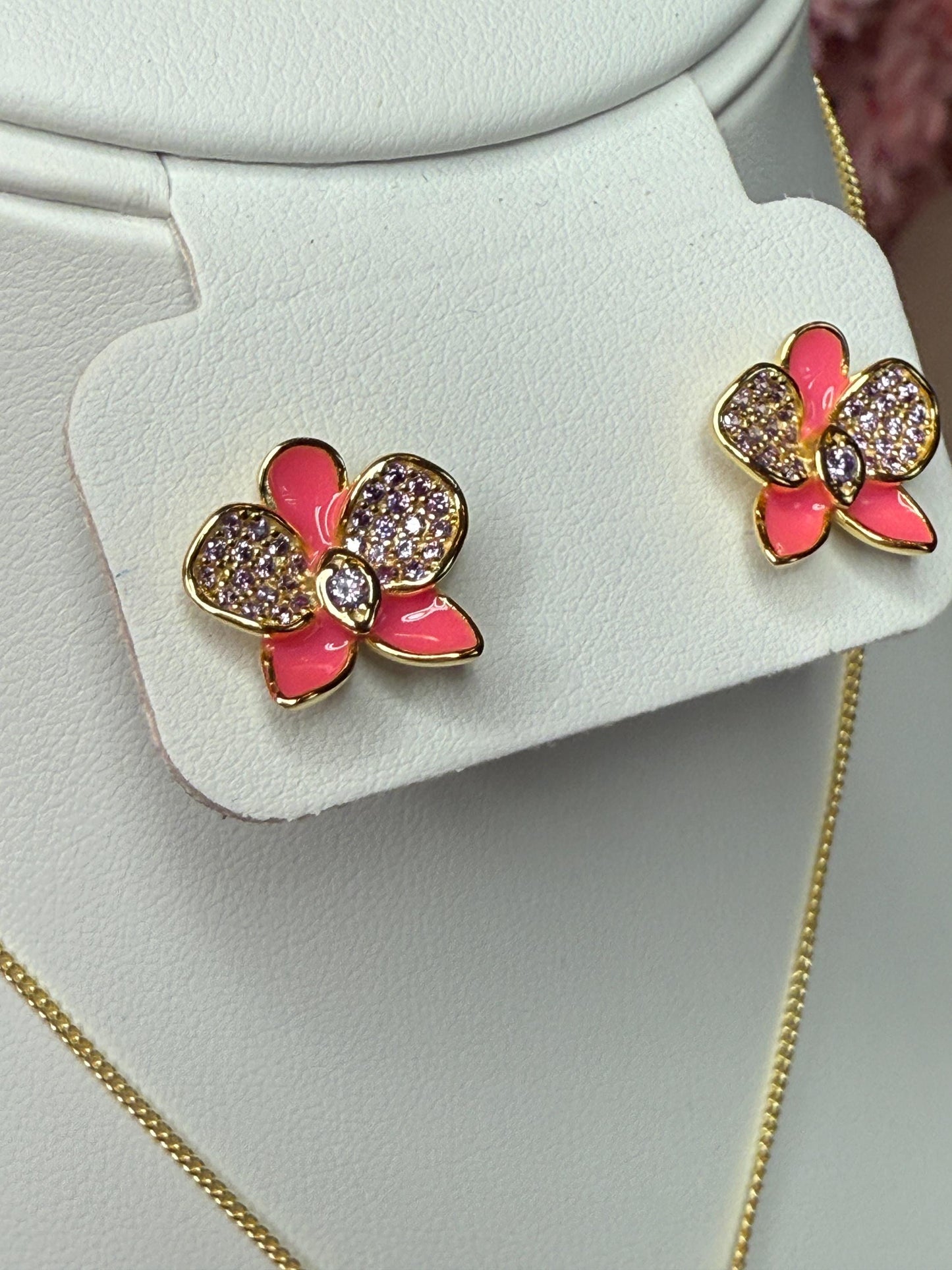 Black Phalaenopsis Orchid Flower Jewelry Set β’ Gold Flowers Studs β’ Orchid Flower Pendant Necklace β’ Orchid Ring β’ Whispers Glow Collection
