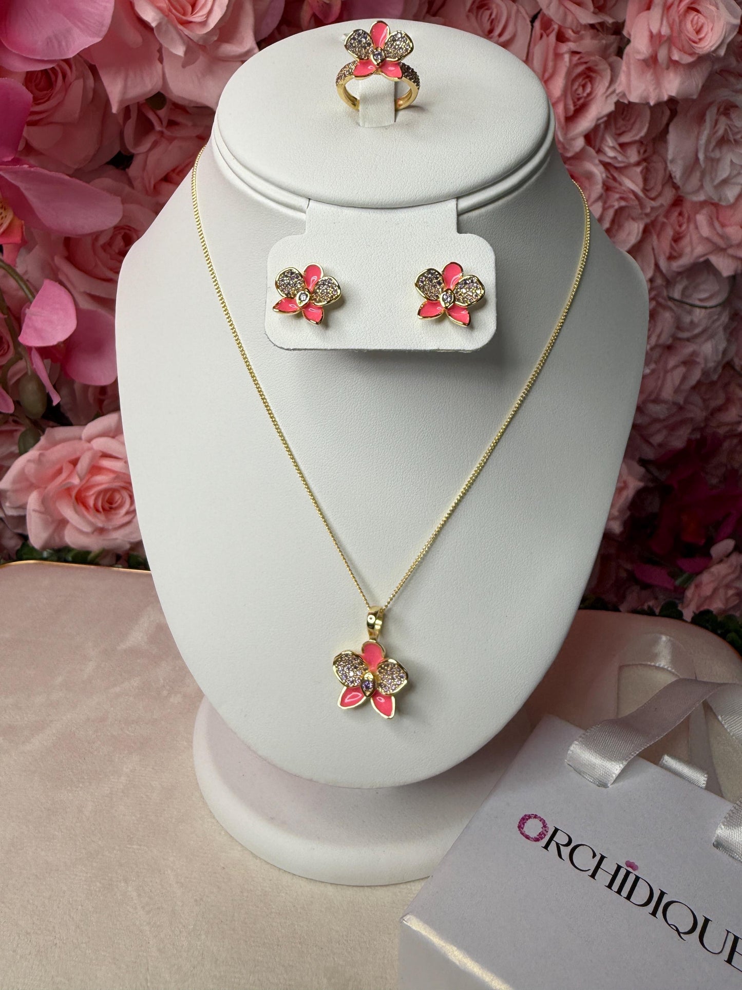 Black Phalaenopsis Orchid Flower Jewelry Set β’ Gold Flowers Studs β’ Orchid Flower Pendant Necklace β’ Orchid Ring β’ Whispers Glow Collection