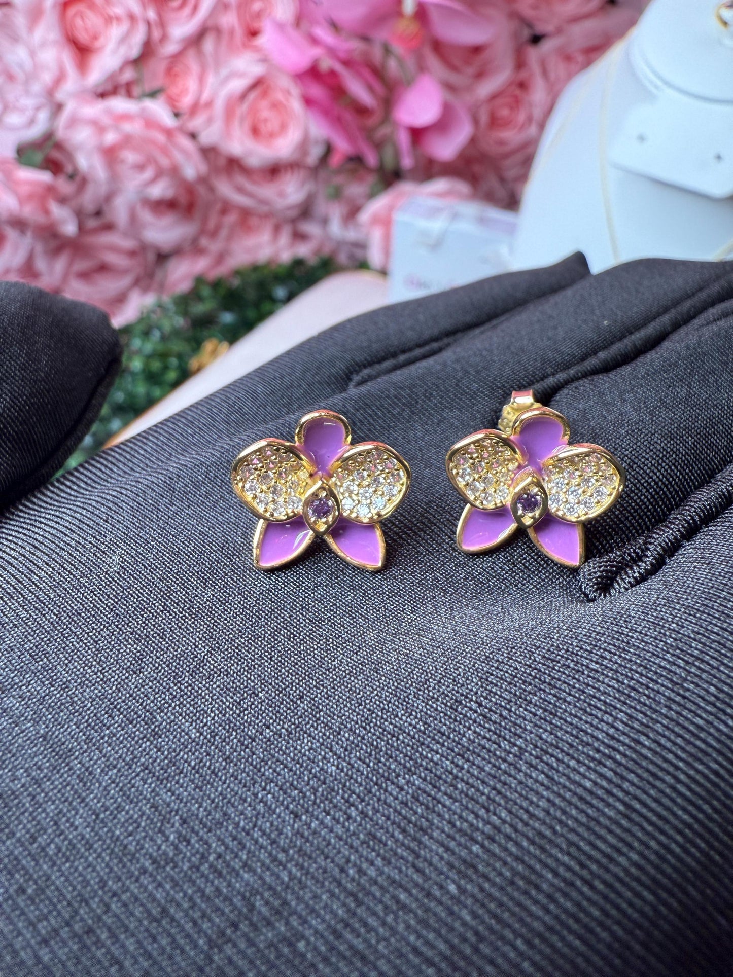Purple Phalaenopsis Orchid Flower Jewelry Set β’ Gold Flowers Studs β’ Orchid Flower Pendant Necklace β’ Orchid Ring β’ Whispers Glow Collection