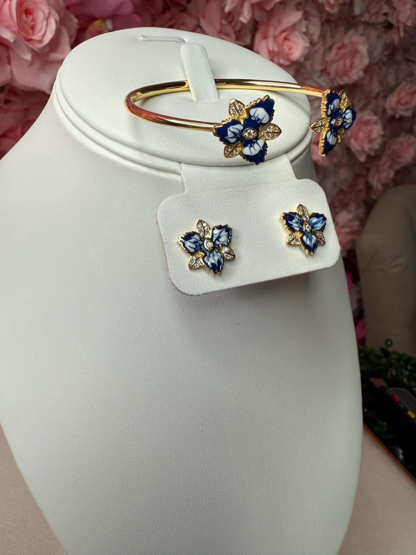 Cattleya Orchid Flower Bangle Bracelet and Earrings Set in Santorini Blue • Sterling Silver Cuff Bracelet • Bangle • Flower Studs