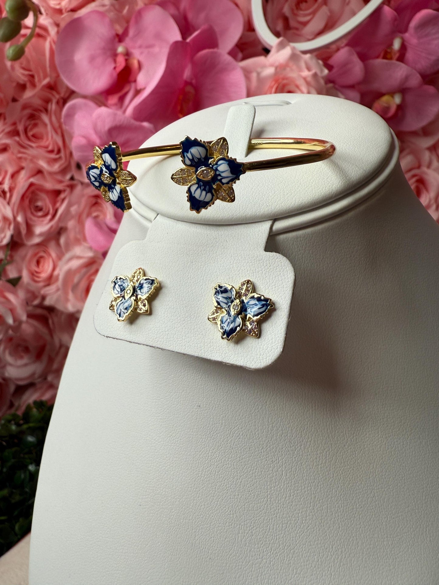 Cattleya Orchid Flower Bangle Bracelet and Earrings Set in Santorini Blue • Sterling Silver Cuff Bracelet • Bangle • Flower Studs