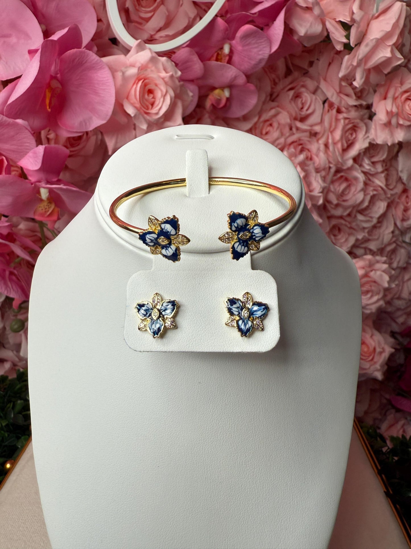 Cattleya Orchid Flower Bangle Bracelet and Earrings Set in Santorini Blue • Sterling Silver Cuff Bracelet • Bangle • Flower Studs
