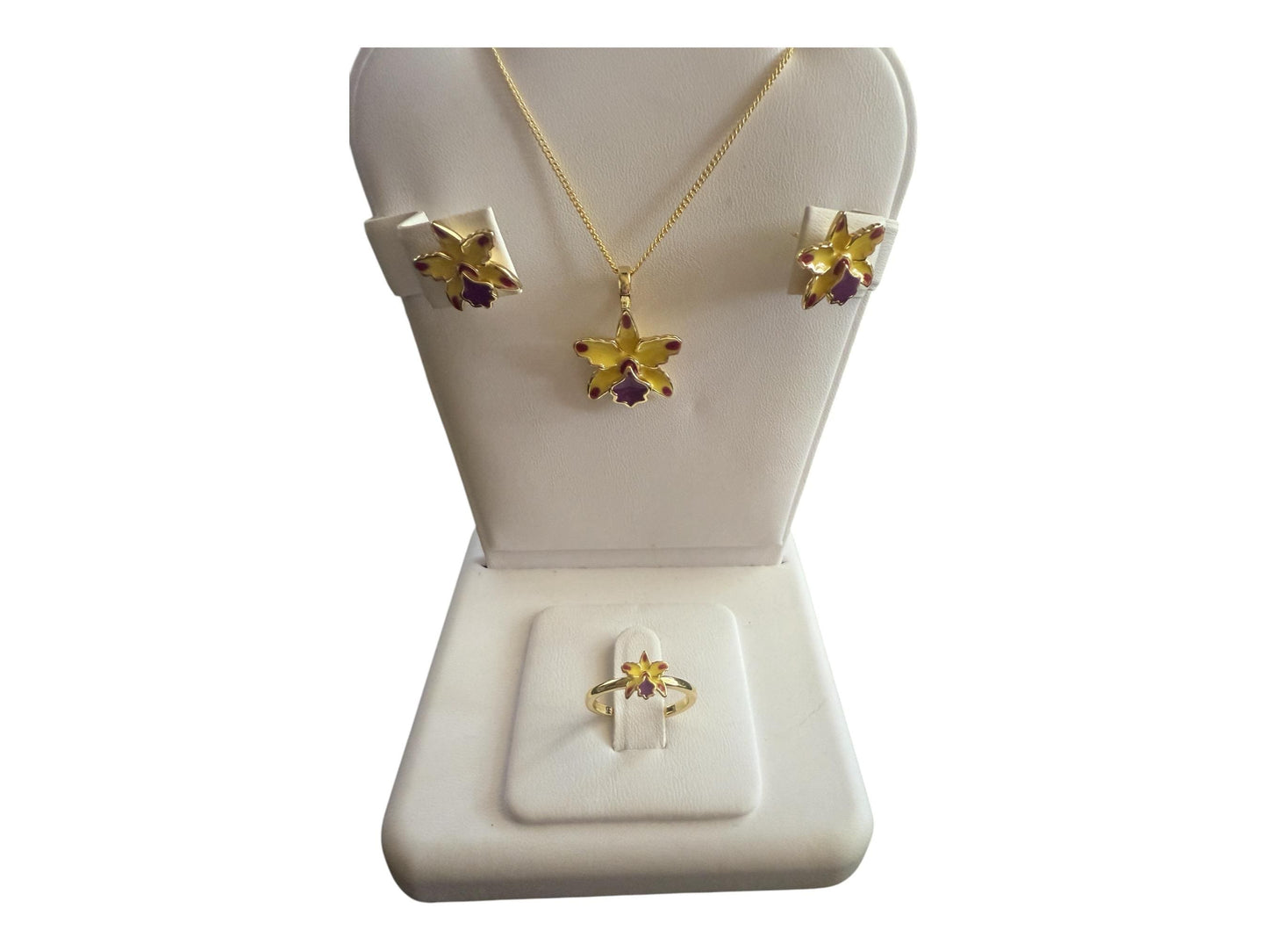Cattleya Pizzaz Orchid Jewelry Set β’ 14k Gold Orchid Choker Necklace β’ Orchid Earrings β’ Orchid Ring β’ La Colombiana Inspired Collection