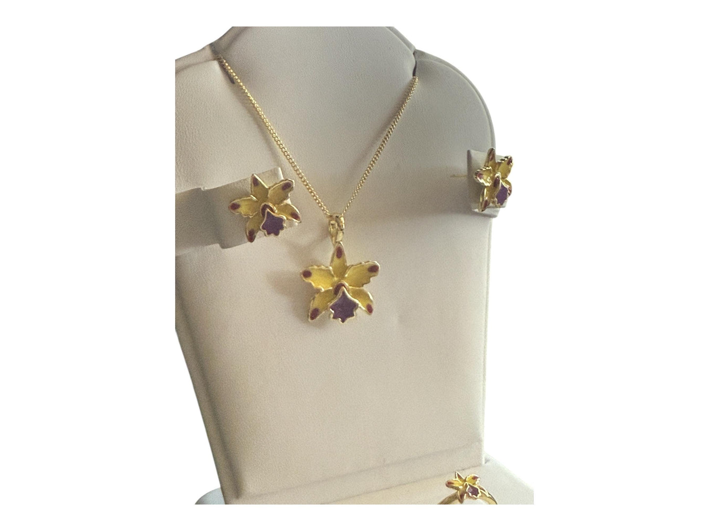Cattleya Pizzaz Orchid Jewelry Set β’ 14k Gold Orchid Choker Necklace β’ Orchid Earrings β’ Orchid Ring β’ La Colombiana Inspired Collection