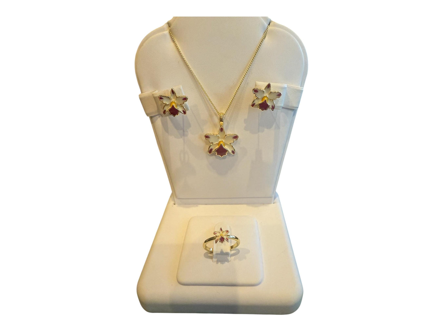 Cattleya Splash Orchid Jewelry Set • 14k Gold Orchid Choker Necklace • Orchid Earrings • Orchid Ring • La Colombiana Inspired Collection