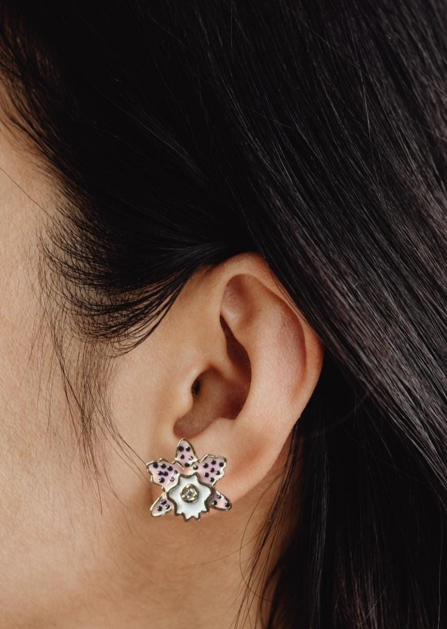 Rhyncholaeliocattleya- inspired: Pink Spotted Cattleya Enamel Orchid Studs โข Gold Orchid Earrings โข Unique Orchid Jewelry