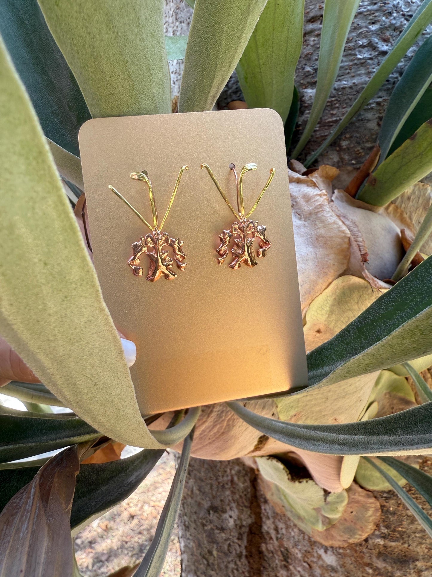 La Mariposa: Two Tone Rose Gold And Gold Orchid Flower Tw Tone Gold and Silver Dangle Earrings • Psychopsis Earrings