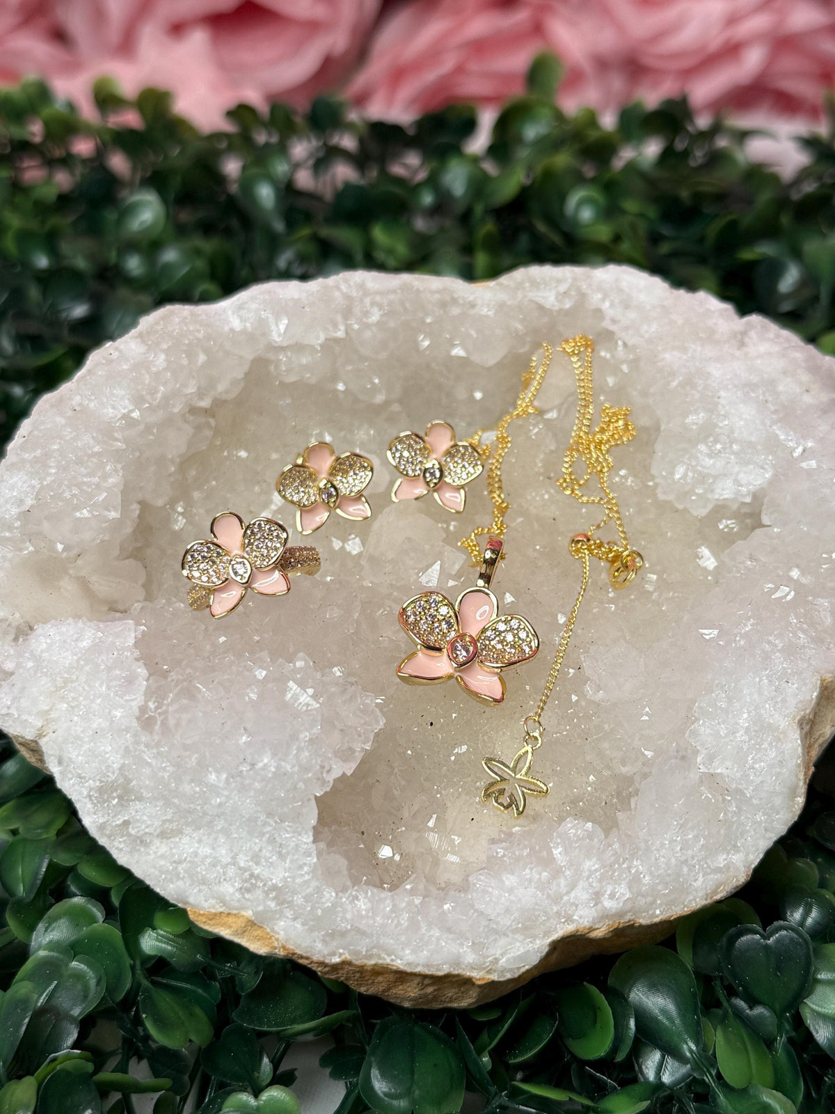 Baby Pink Phalaenopsis Orchid Flower Jewelry Set • Flowers Studs • Orchid Flower Pendant Necklace • Orchid Ring • Whispers Glow Collection
