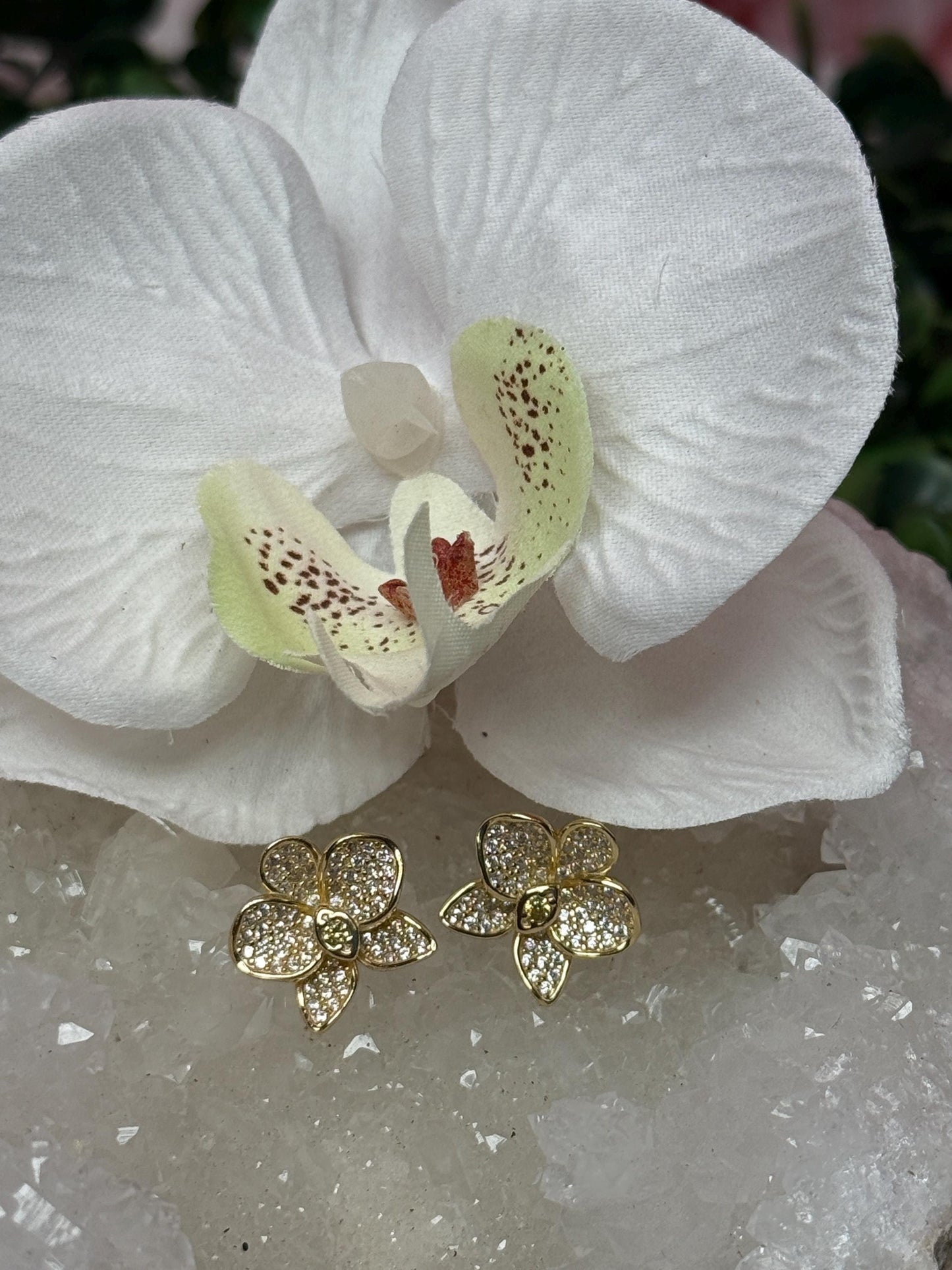 Gold White and Yellow Zircons Orchid Phalaenopsis Flower Earrings β’ Shimmer me Phalaenopsis
