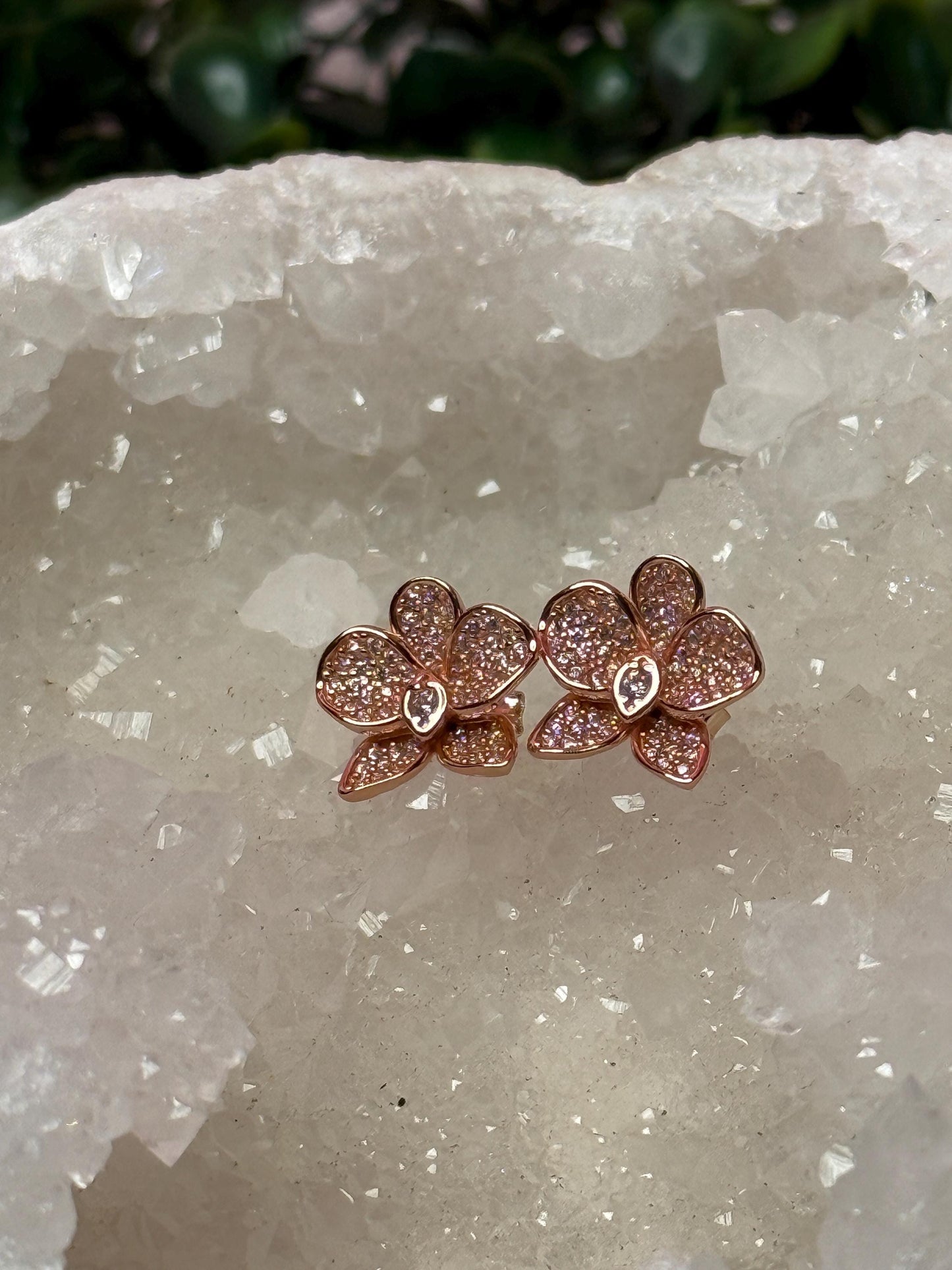 Rose Gold White and Pink Zircons Orchid Phalaenopsis Flower Earrings β’ Shimmer me Phalaenopsis