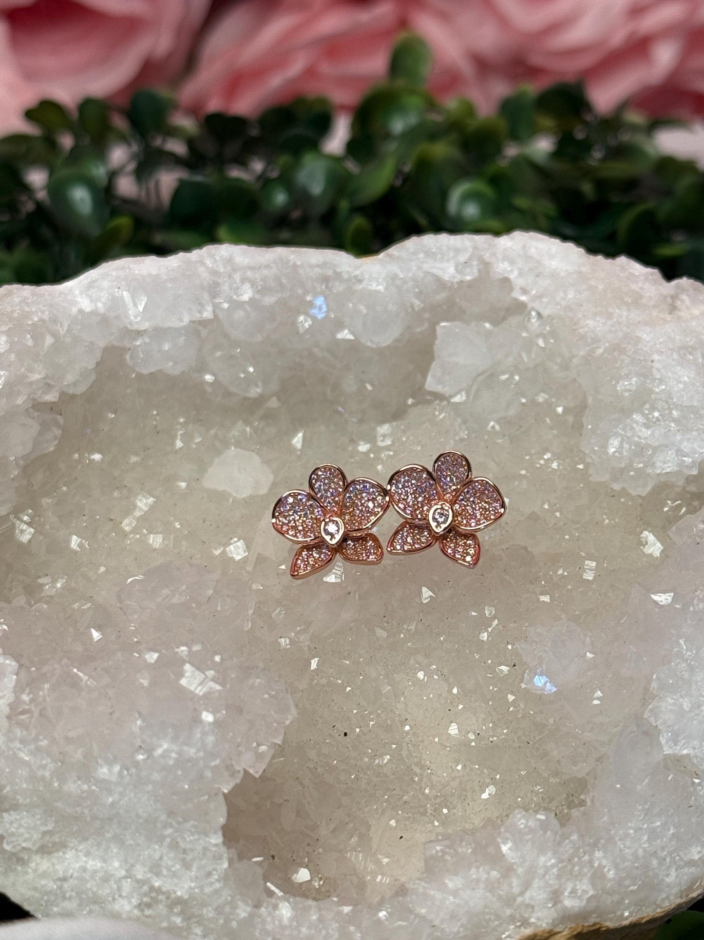Rose Gold White and Pink Zircons Orchid Phalaenopsis Flower Earrings β’ Shimmer me Phalaenopsis