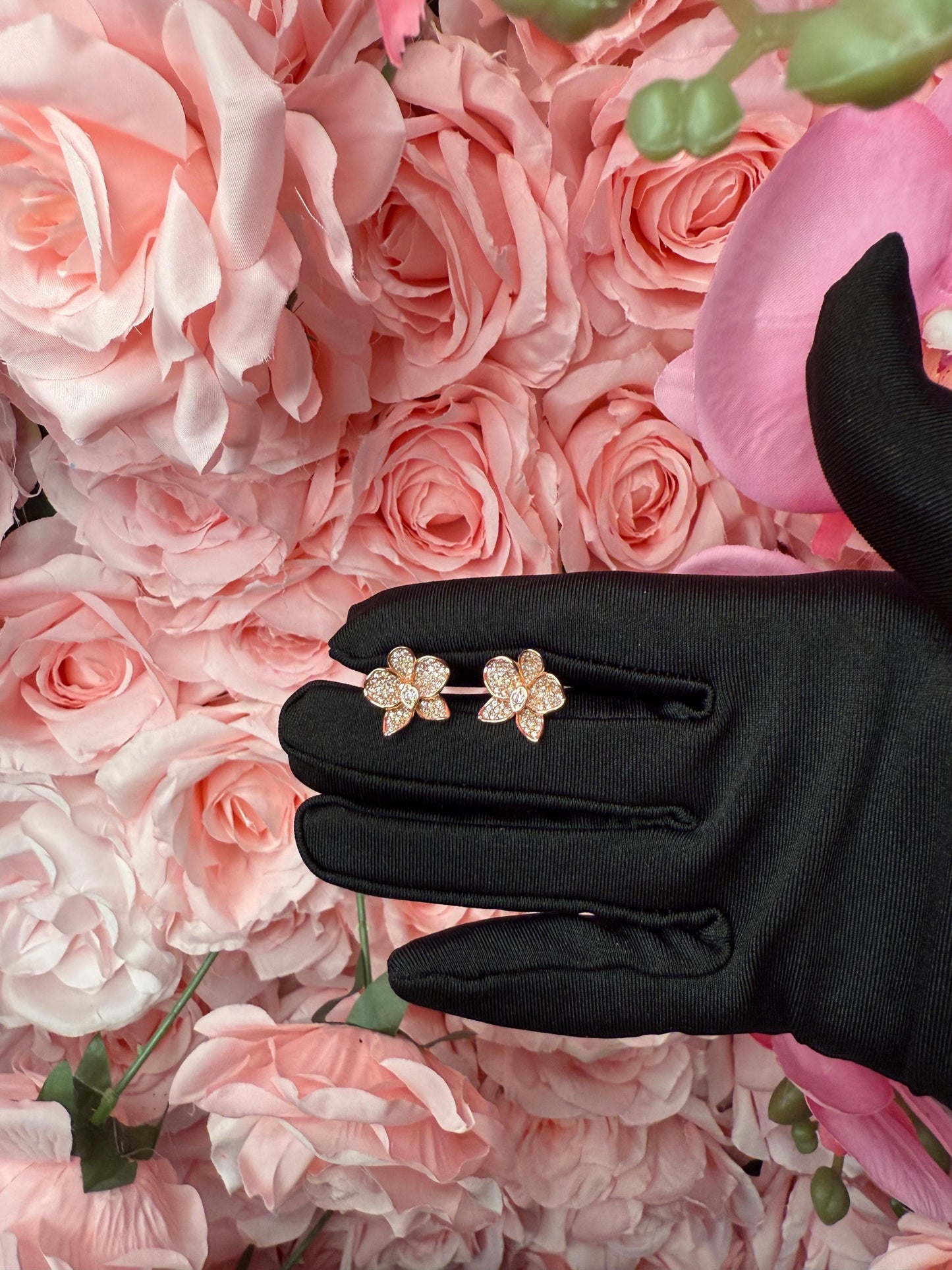 Rose Gold White and Pink Zircons Orchid Phalaenopsis Flower Earrings β’ Shimmer me Phalaenopsis