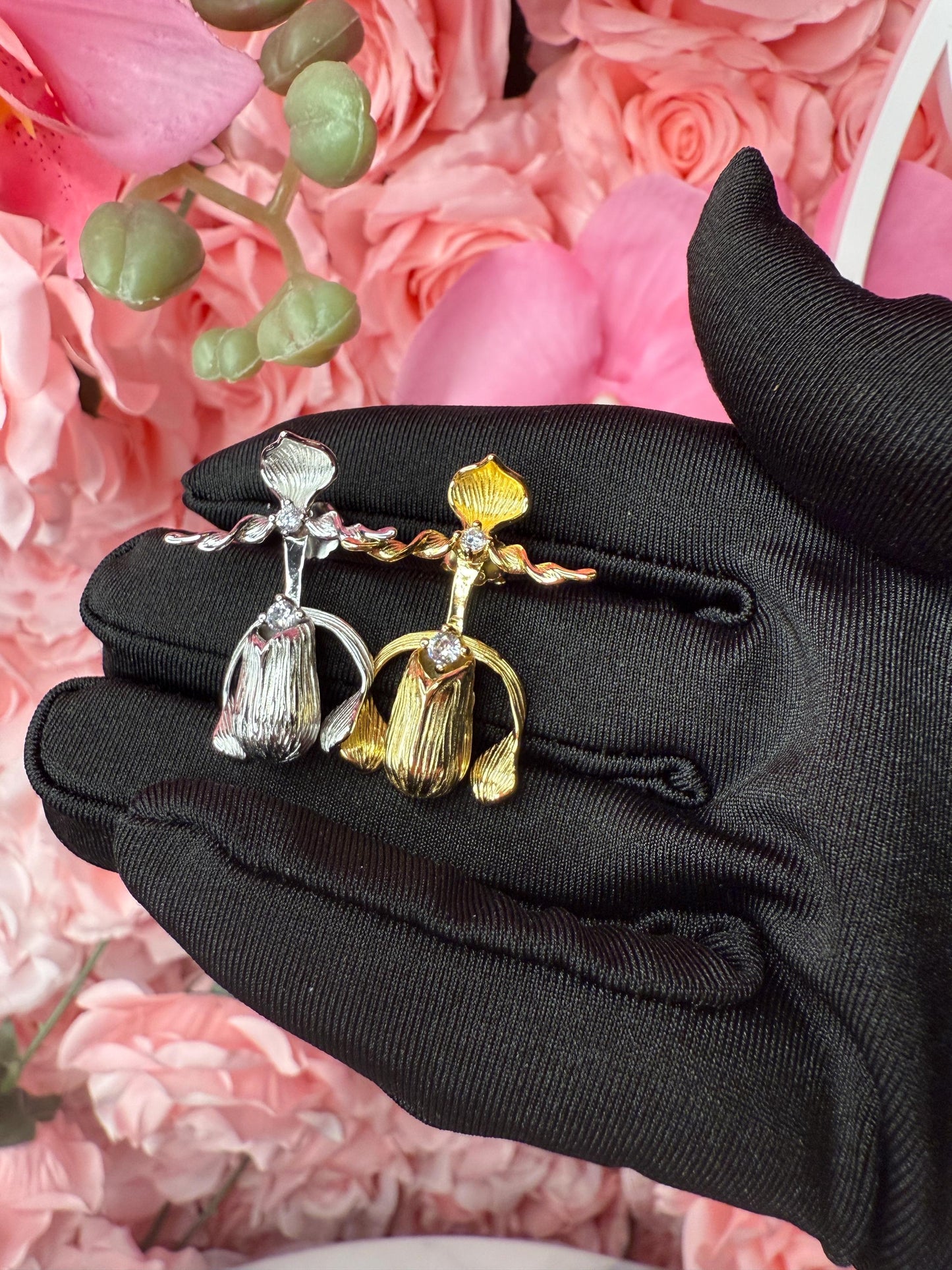 Slipper Orchid Silver Earrings Studs: Divergent Duos Collection