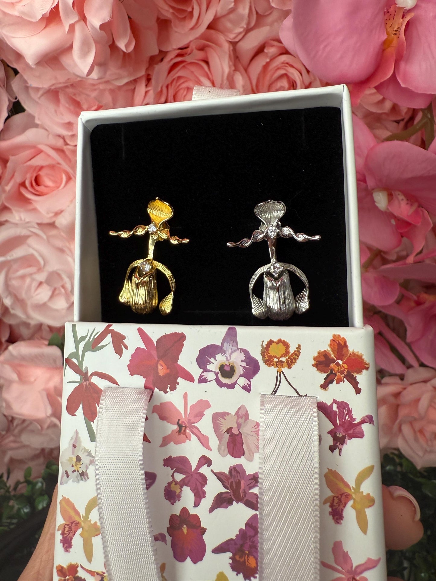 Slipper Orchid Silver Earrings Studs: Divergent Duos Collection