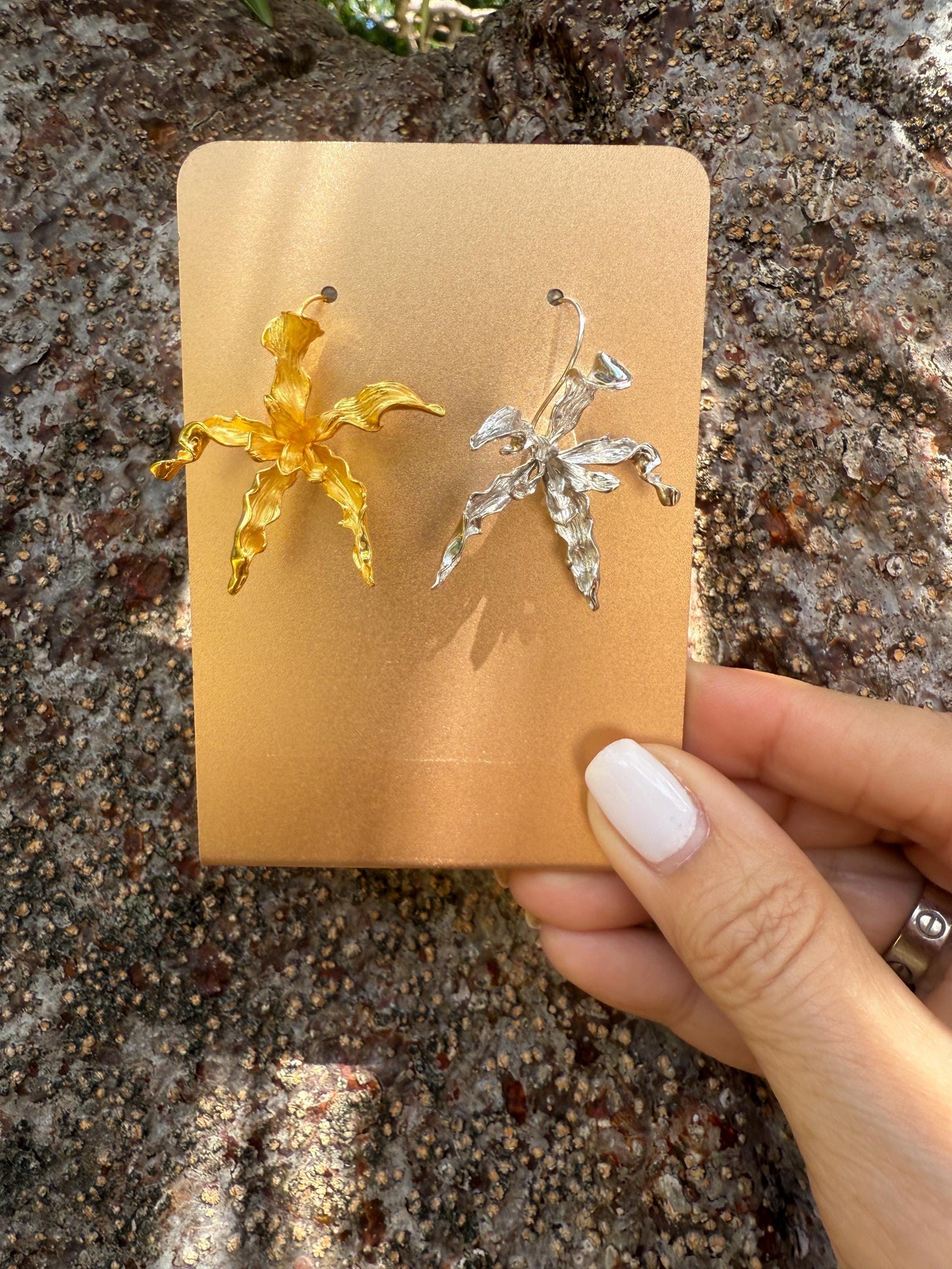 Meticulous: Schomburgkia Two Tone Orchid Flower Dangle Earrings • Flower Earrings • 14KGold- Sterling Silver Flower Jewelry