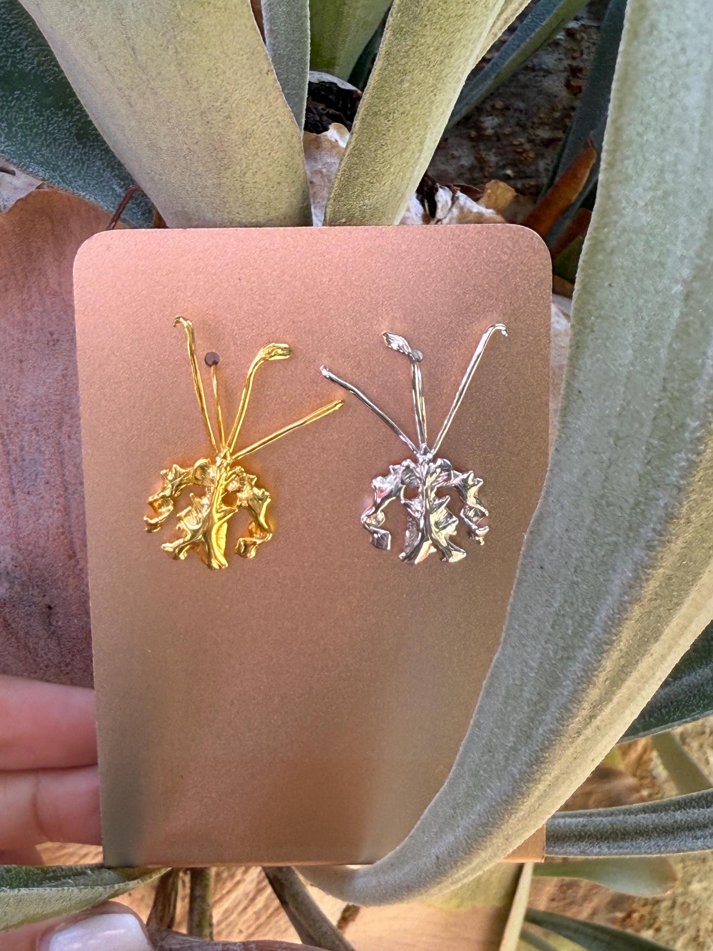 La Mariposa: Orchid Flower Tw Tone Gold and Silver Dangle Earrings • Psychopsis Earrings • 14KGold- Sterling Silver Flower Jewelry